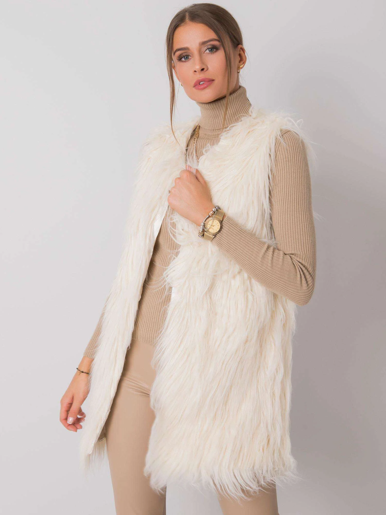 Vesta Dama Fara maneci, Elegant, Wool Fashion Italia, Ecru Eleganta Office - imagine 2