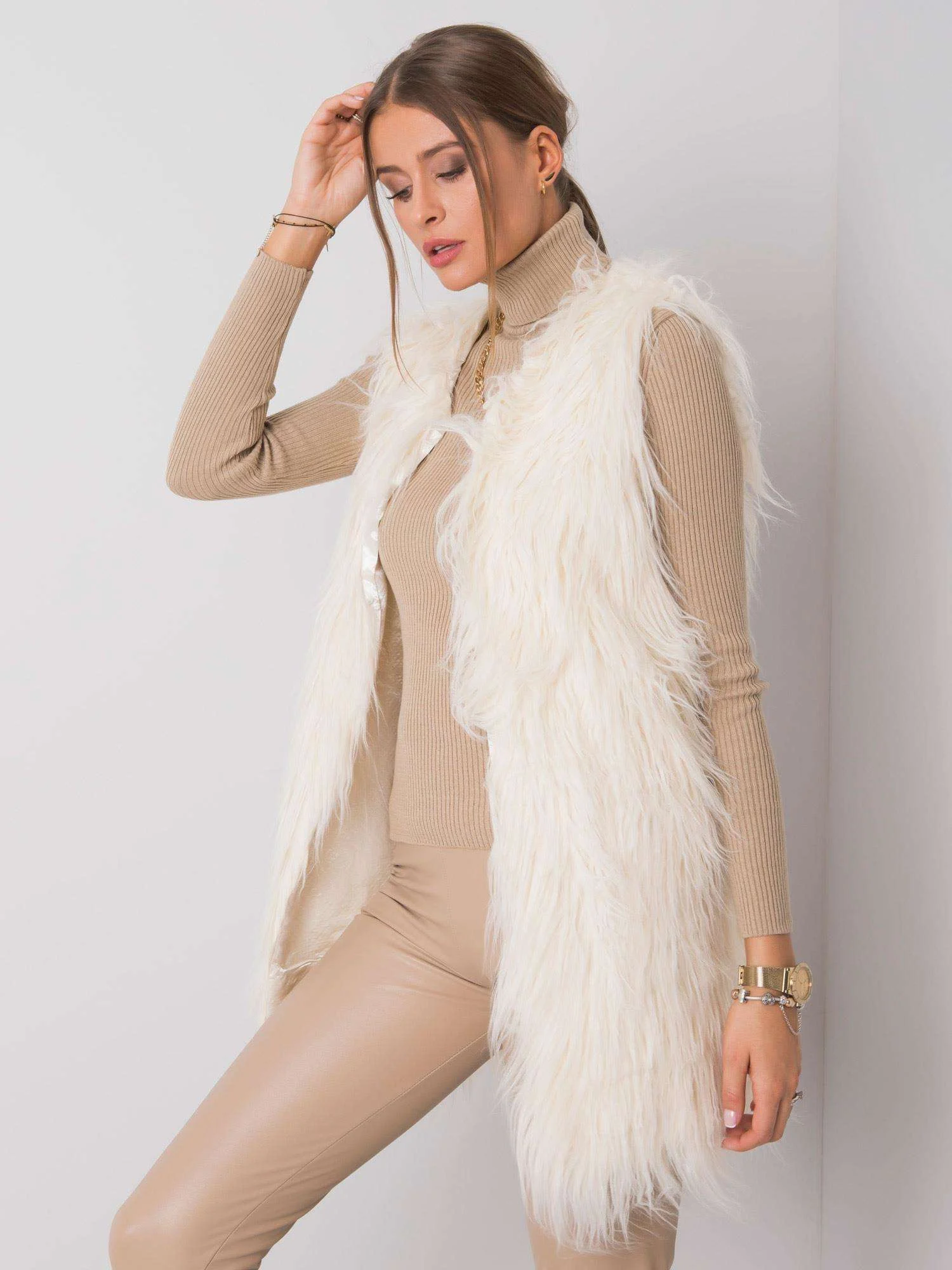 Vesta Dama Fara maneci, Elegant, Wool Fashion Italia, Ecru Eleganta Office - imagine 3