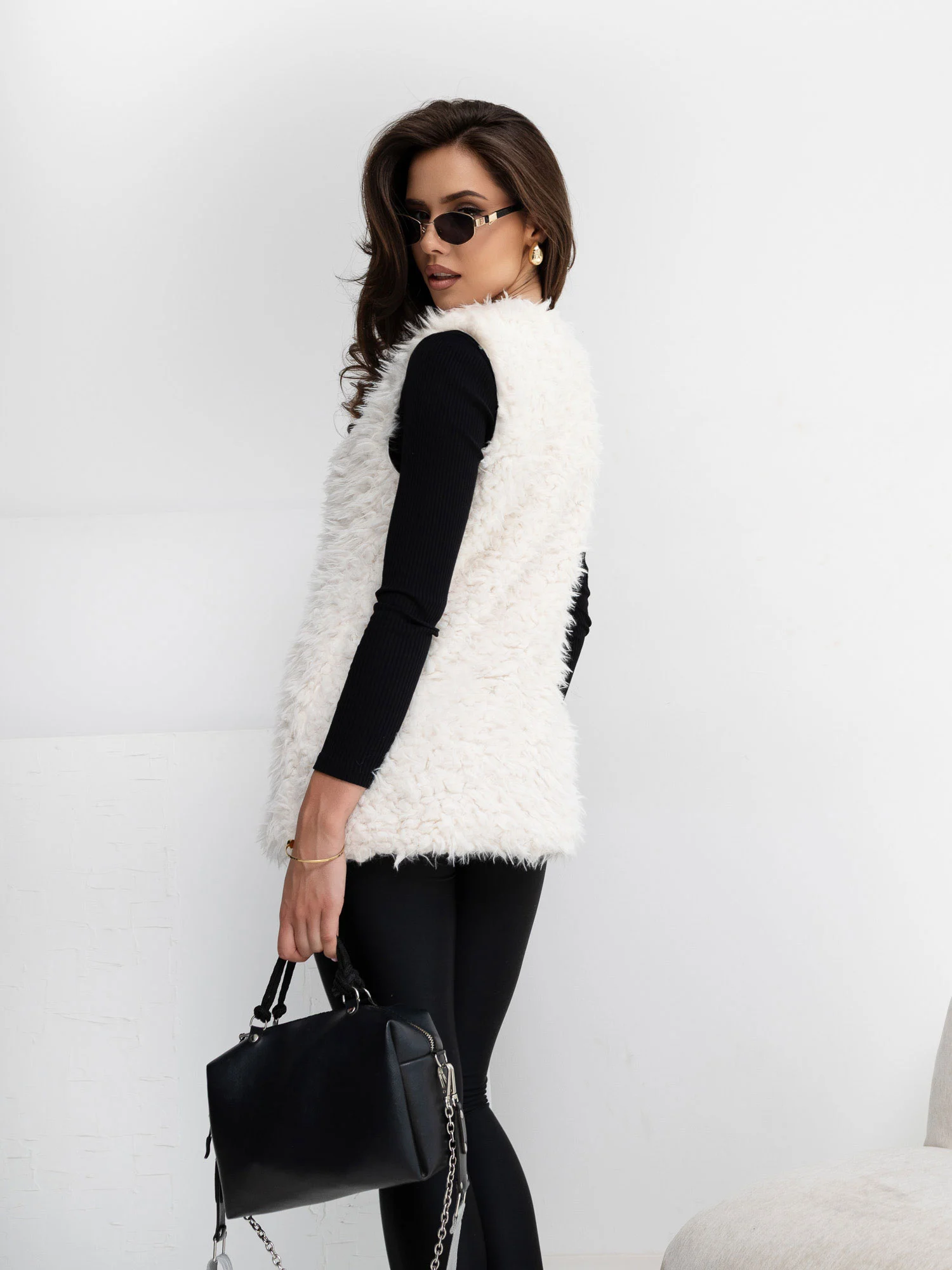 Vesta Dama Fara maneci, Guler inalt, Wool Fashion Italia, Alb Eleganta Office - Image 5