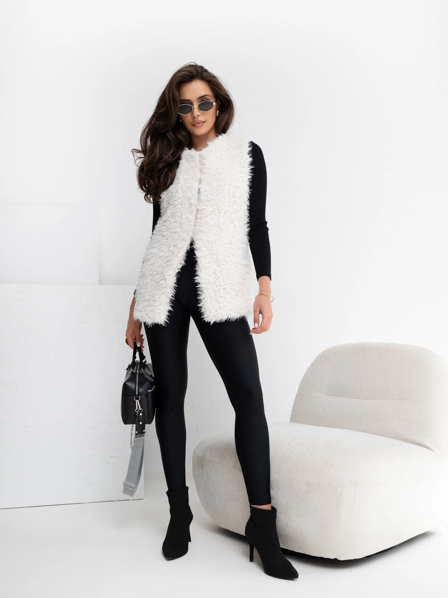 Vesta Dama Fara maneci, Guler inalt, Wool Fashion Italia, Alb Eleganta Office - Image 6