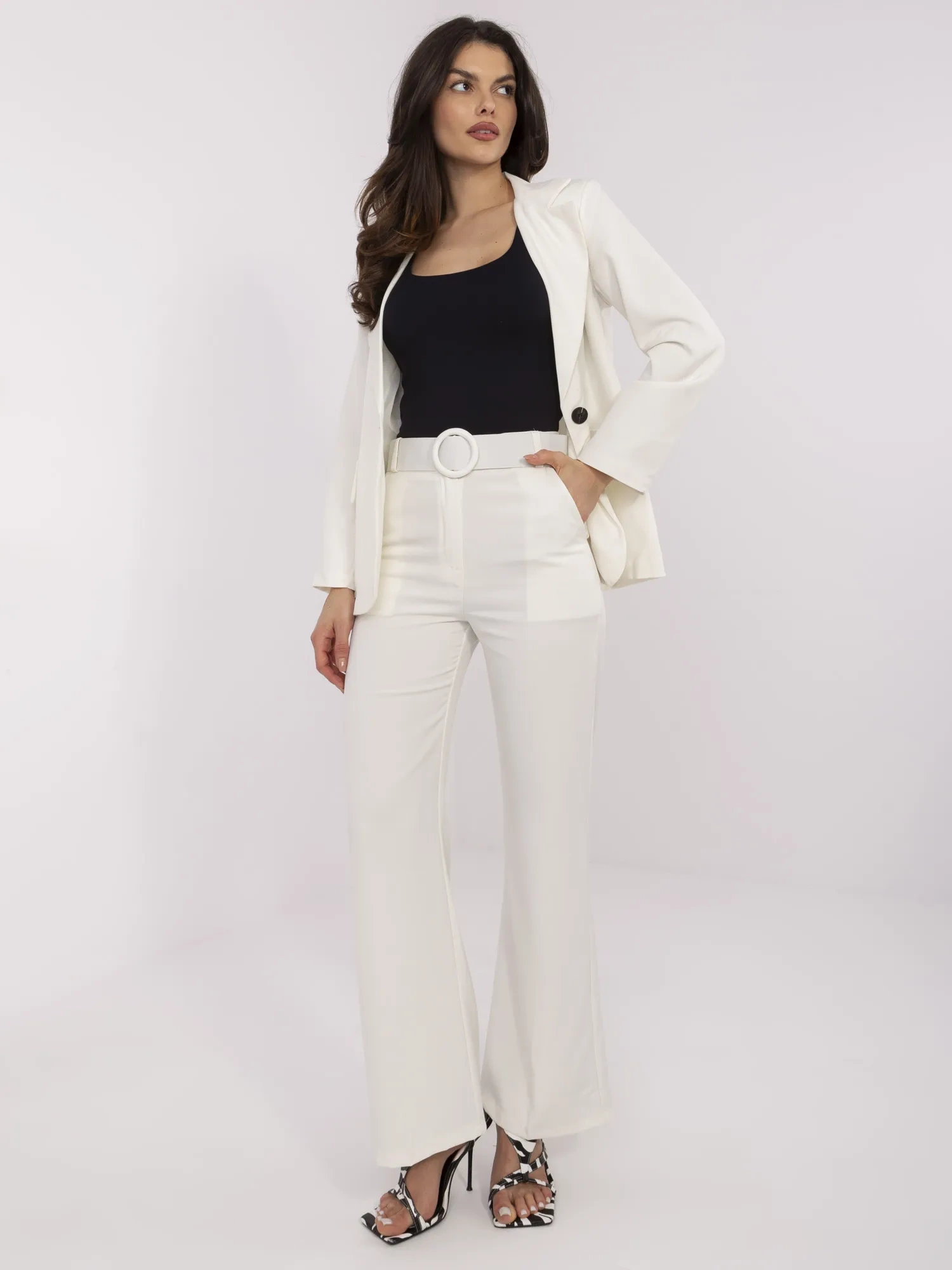 Pantaloni Dama Lejera, Guler inalt, ITALY MODA, Ecru Eleganta Office Marimi Mari - imagine 3