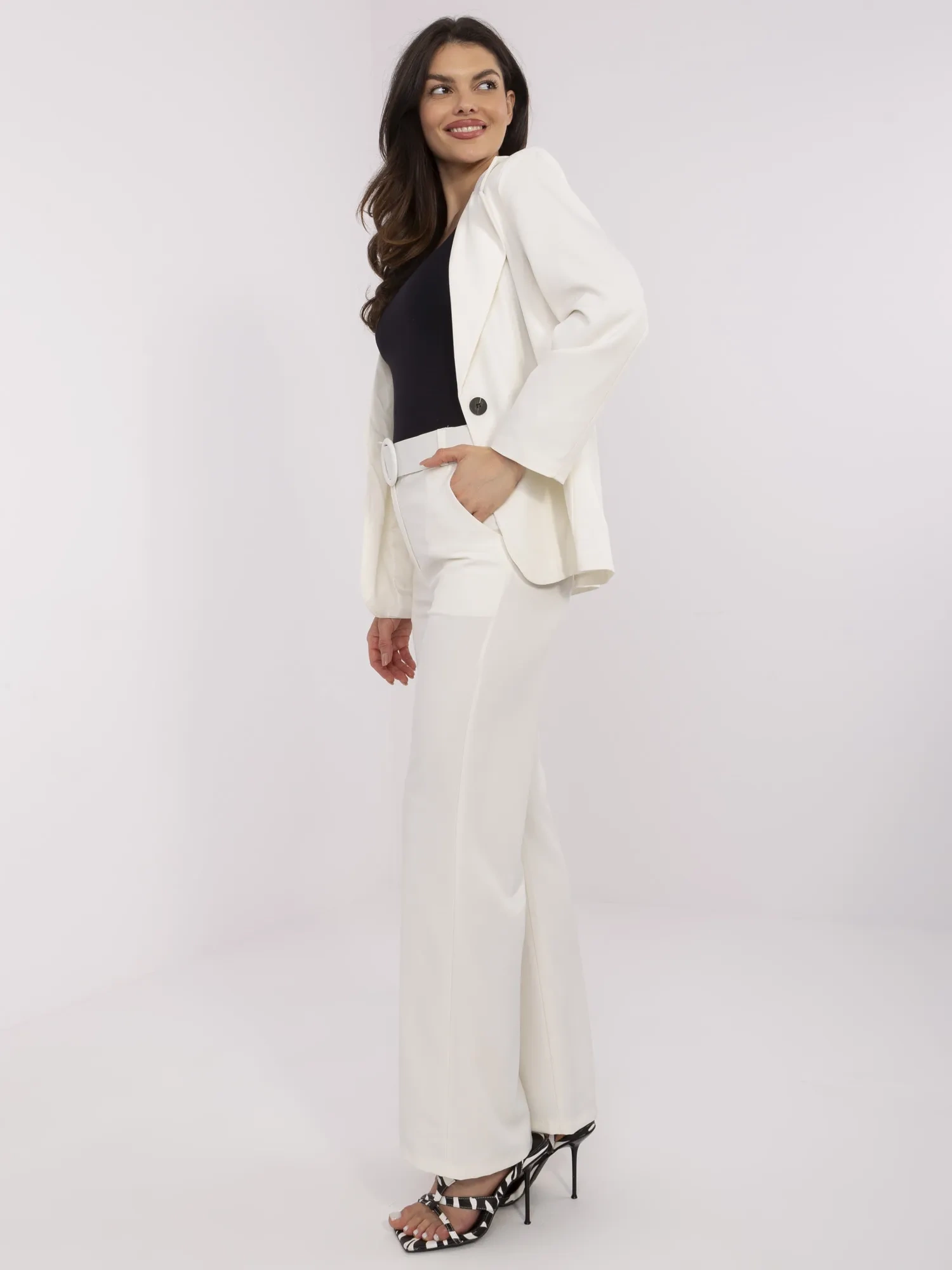 Pantaloni Dama Lejera, Guler inalt, ITALY MODA, Ecru Eleganta Office Marimi Mari - imagine 2