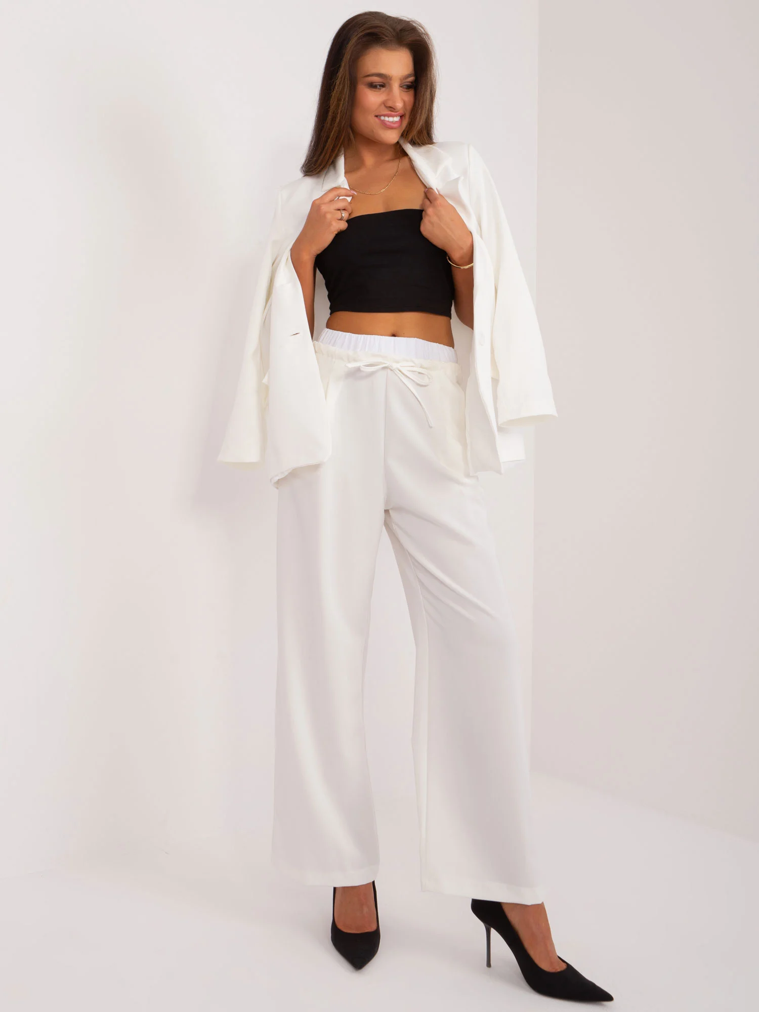 Pantaloni Dama Elegant, Guler inalt, ITALY MODA, Ecru de Petrecere - imagine 2