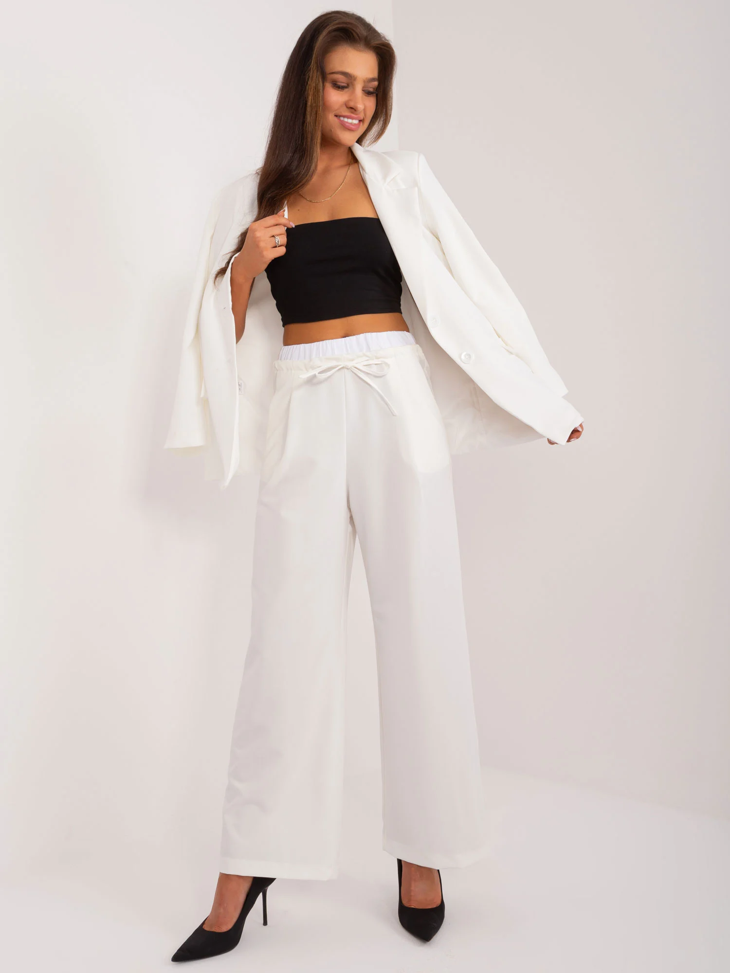 Pantaloni Dama Elegant, Guler inalt, ITALY MODA, Ecru de Petrecere - imagine 3
