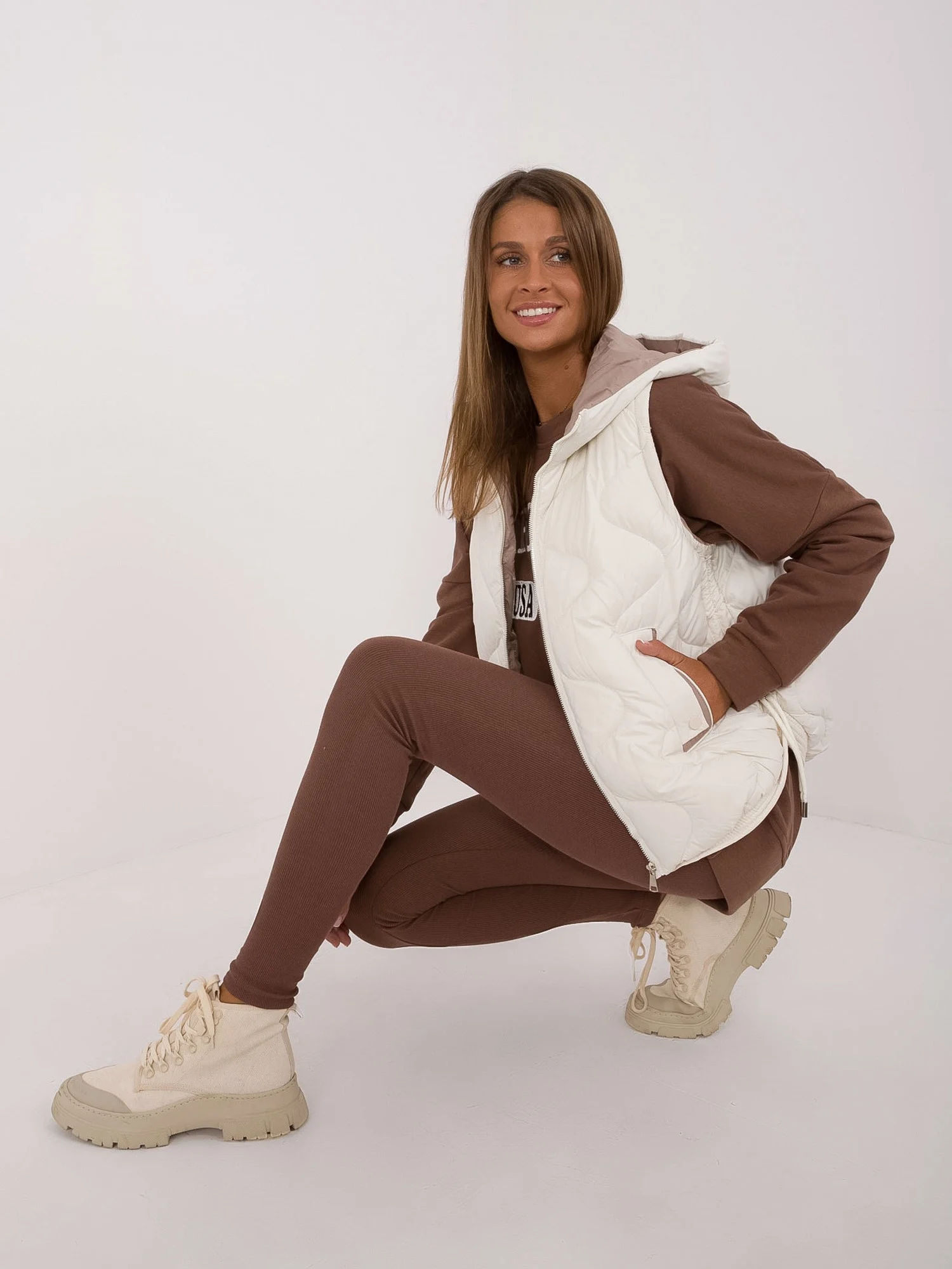 Vesta Dama Fara maneci, Guler inalt, Snow Moda, Ecru de Vara Marimi Mari - imagine 6