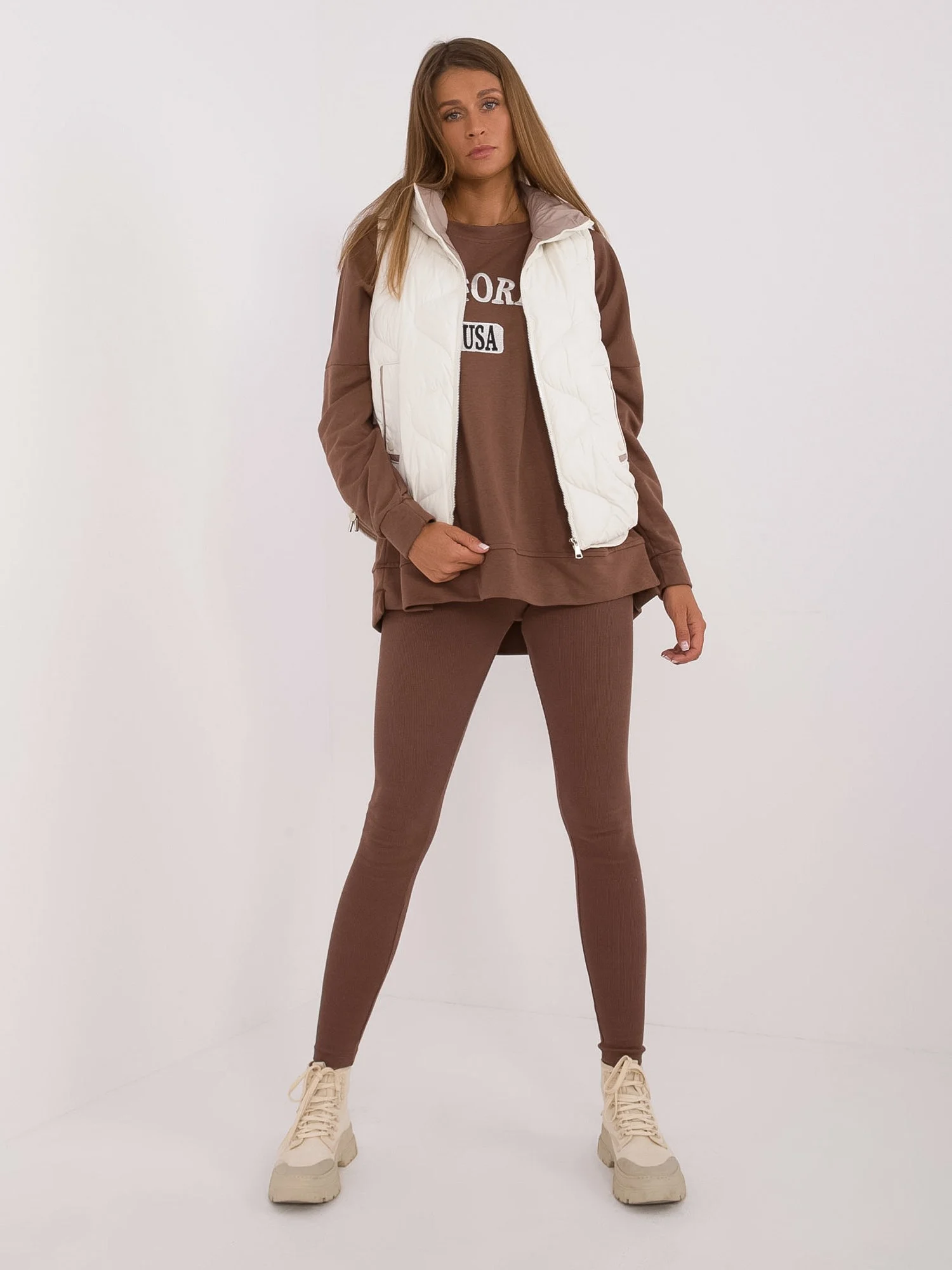 Vesta Dama Fara maneci, Guler inalt, Snow Moda, Ecru de Vara Marimi Mari - imagine 4