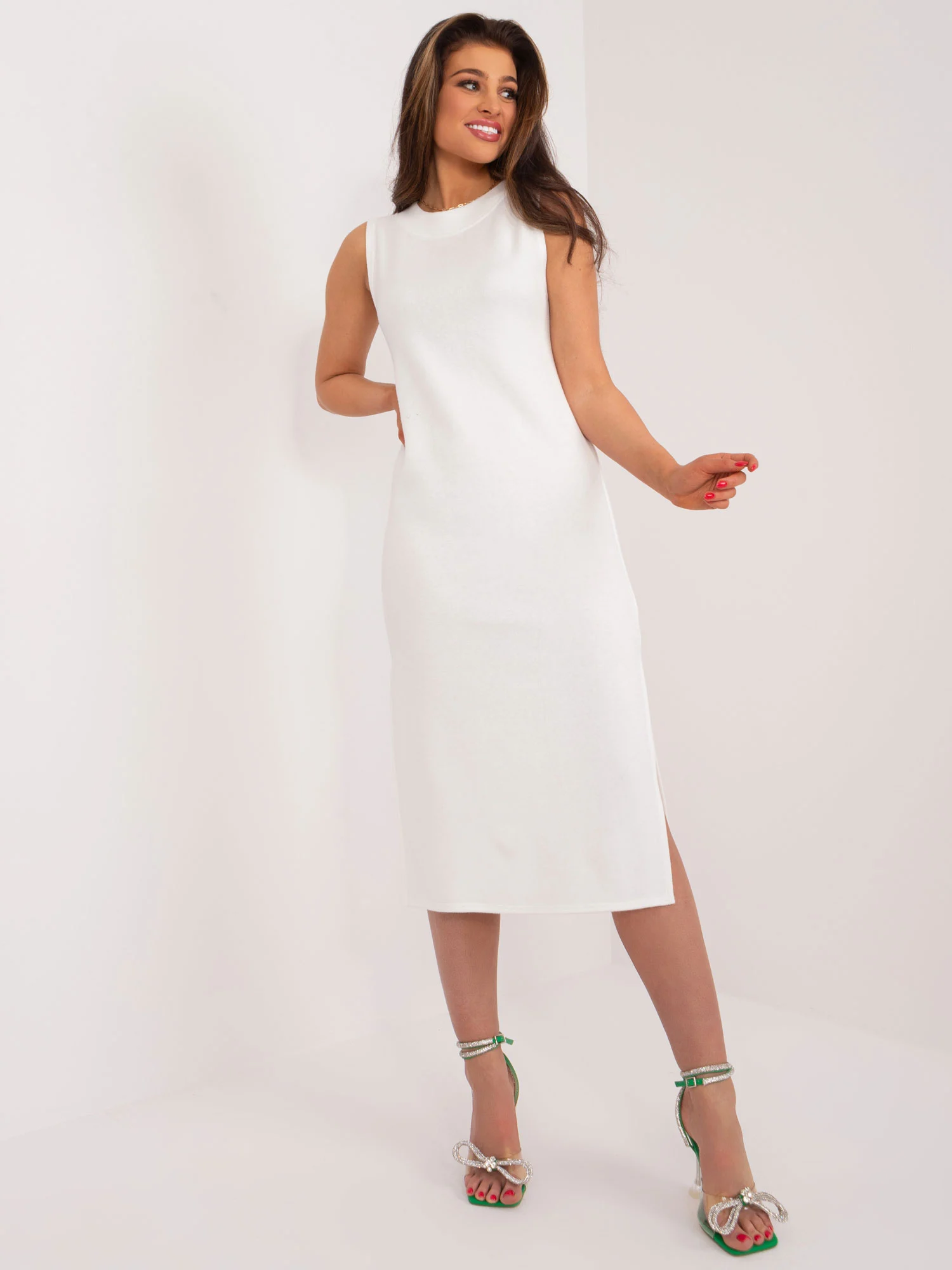 Compleu Dama Sub genunchi, Decolteu rotund, LAKERTA, Ecru Eleganta Office - imagine 3
