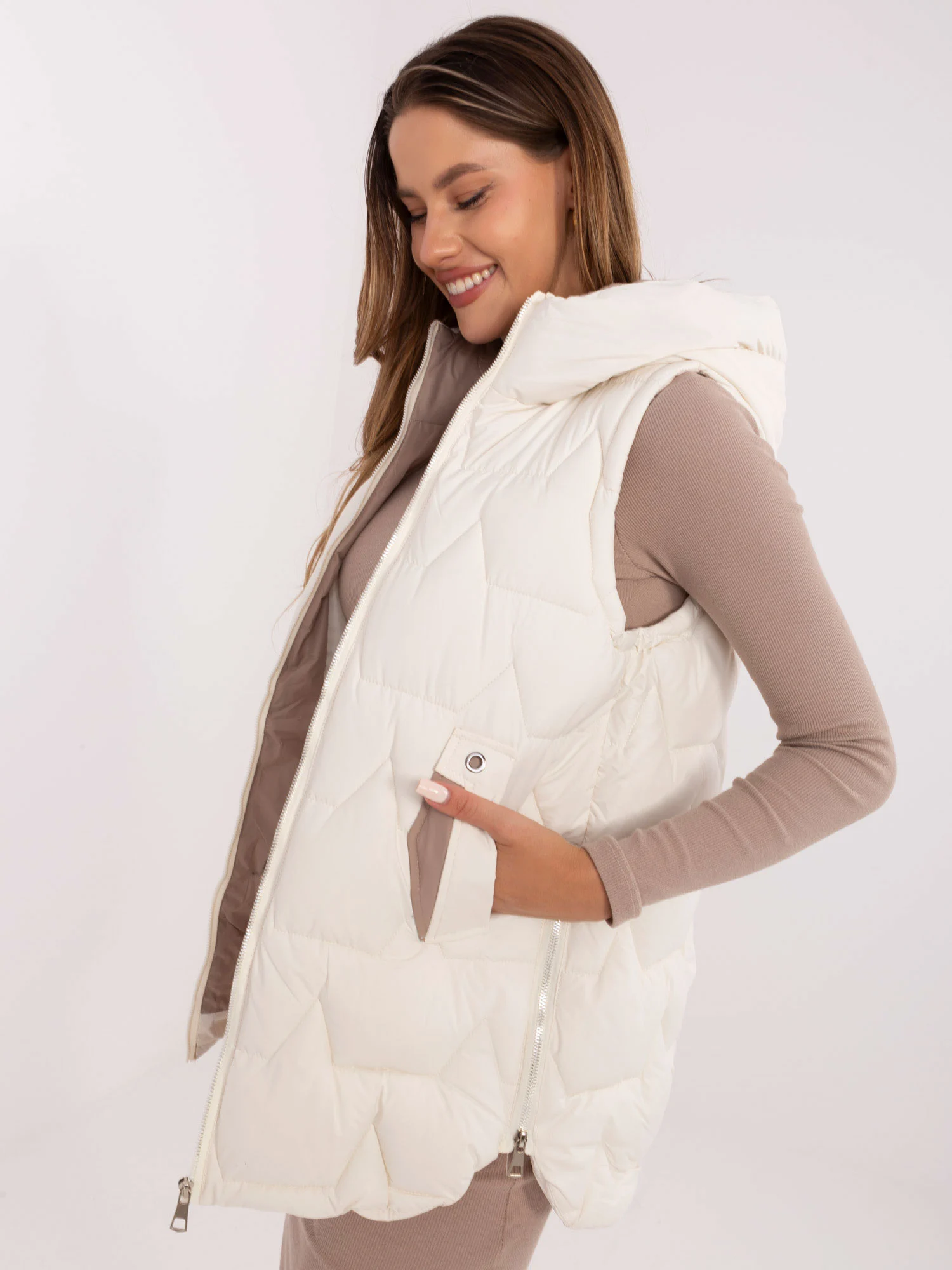 Vesta Dama Fara maneci, Guler inalt, Snow Moda, Ecru de Vara Marimi Mari - imagine 4
