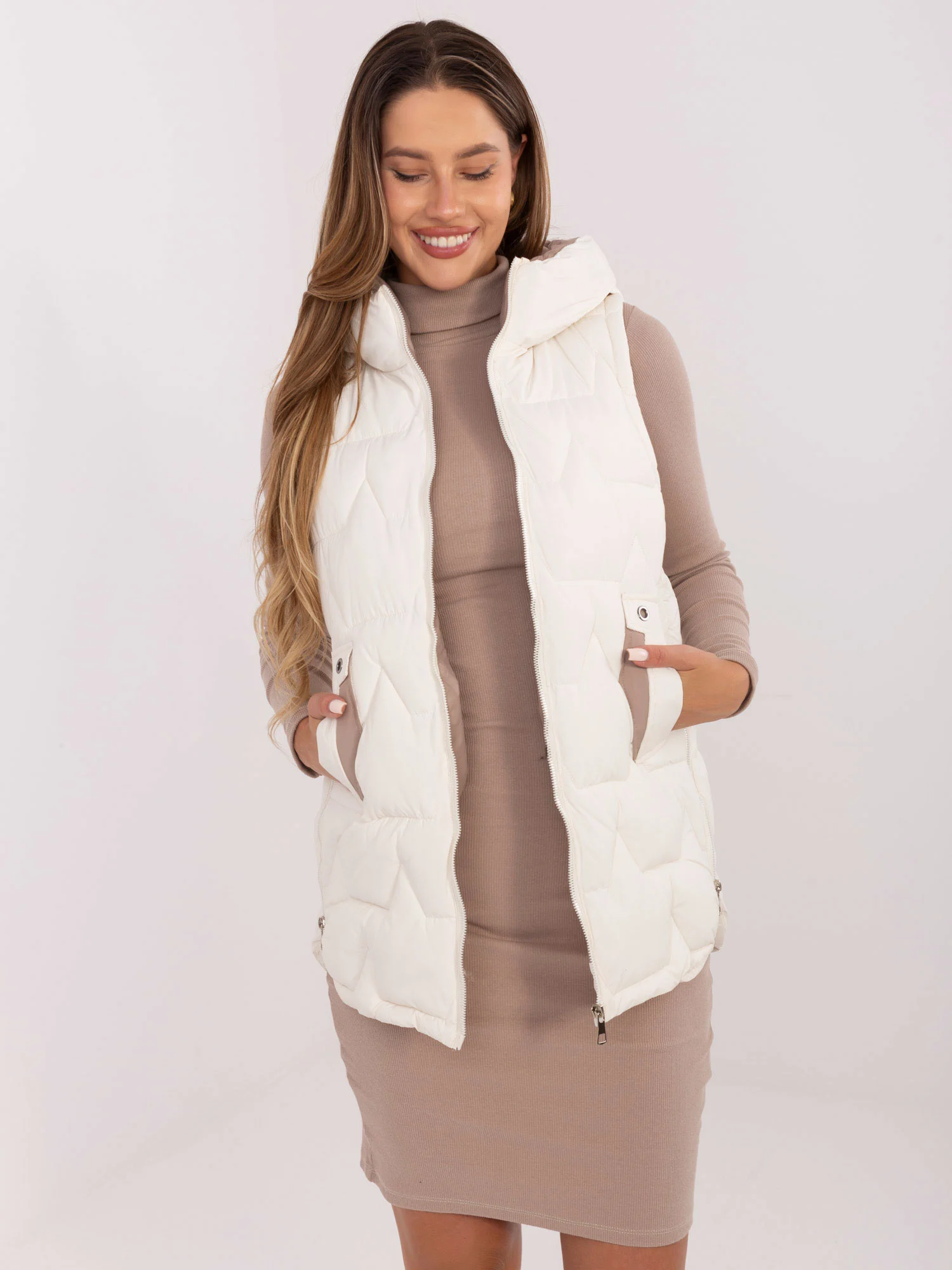 Vesta Dama Fara maneci, Guler inalt, Snow Moda, Ecru de Vara Marimi Mari - imagine 3
