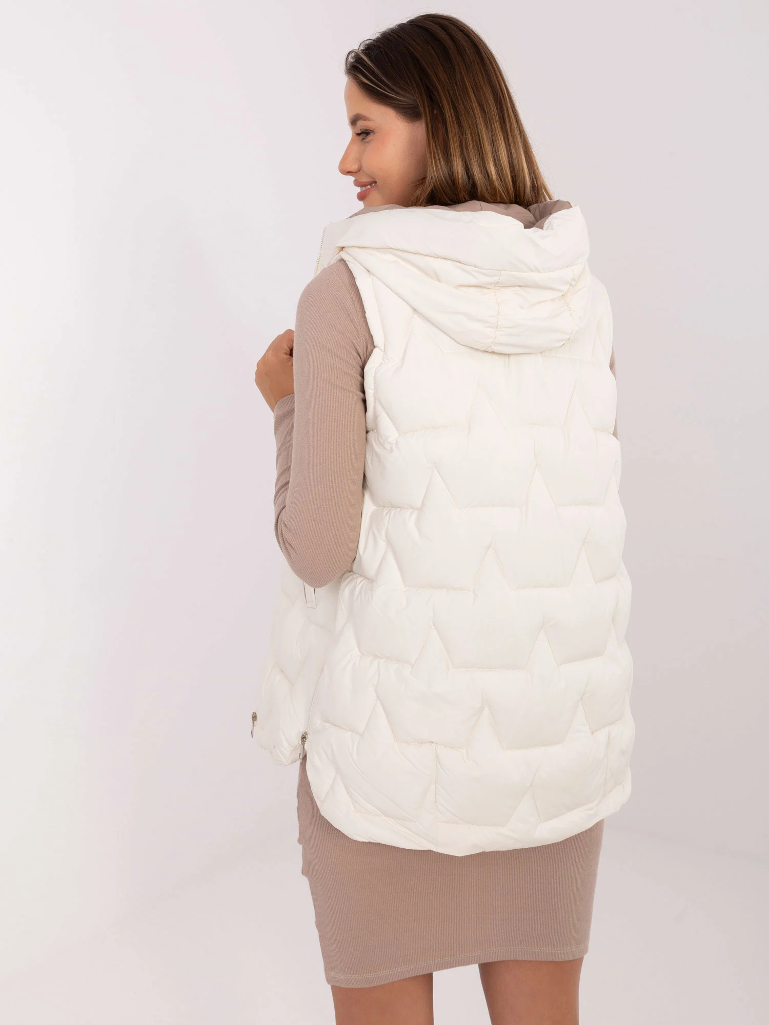 Vesta Dama Fara maneci, Guler inalt, Snow Moda, Ecru de Vara Marimi Mari - imagine 5