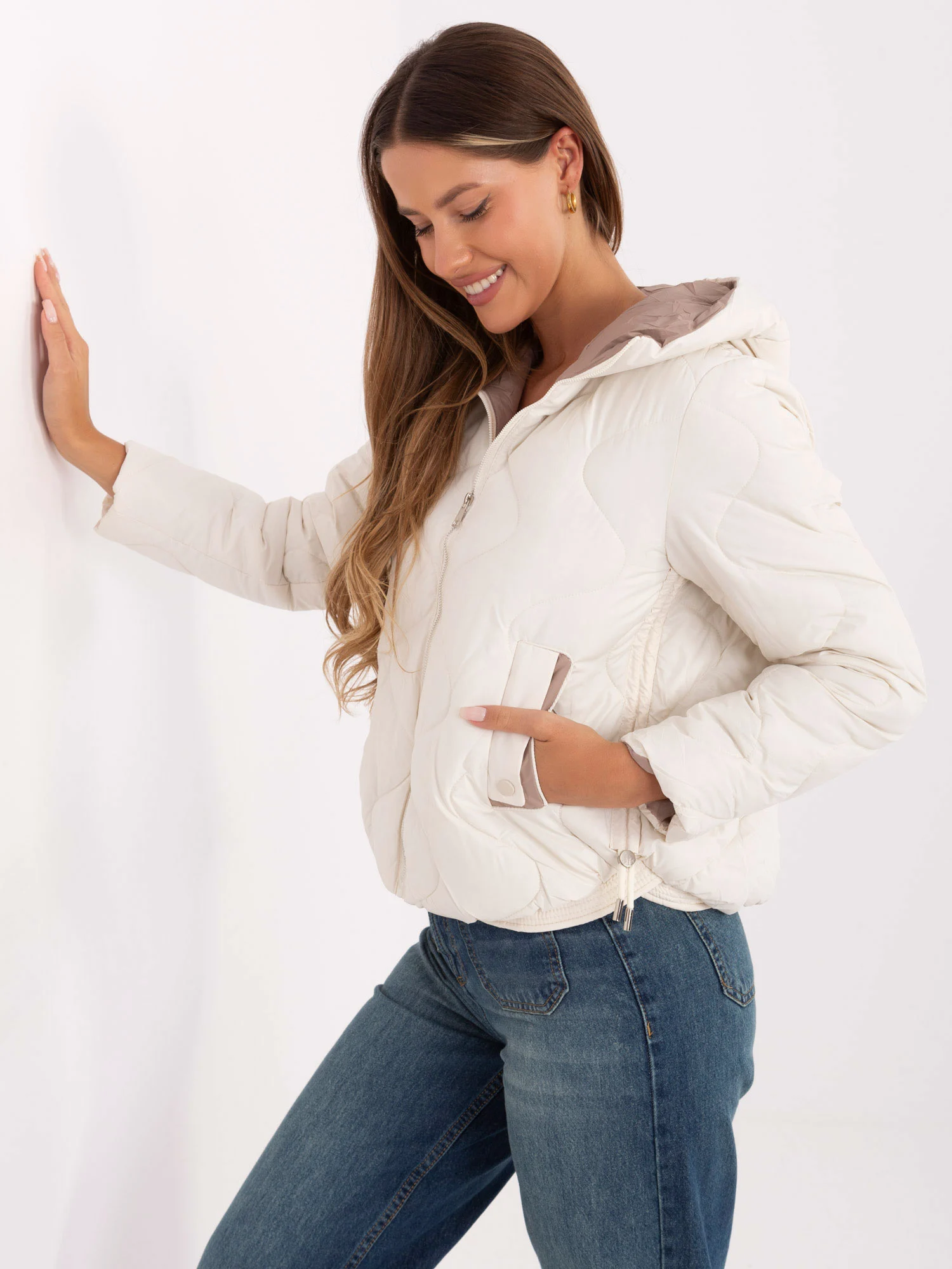 Jacheta Dama Mini, Guler inalt, Snow Moda, Ecru Eleganta Office Marimi Mari - imagine 3