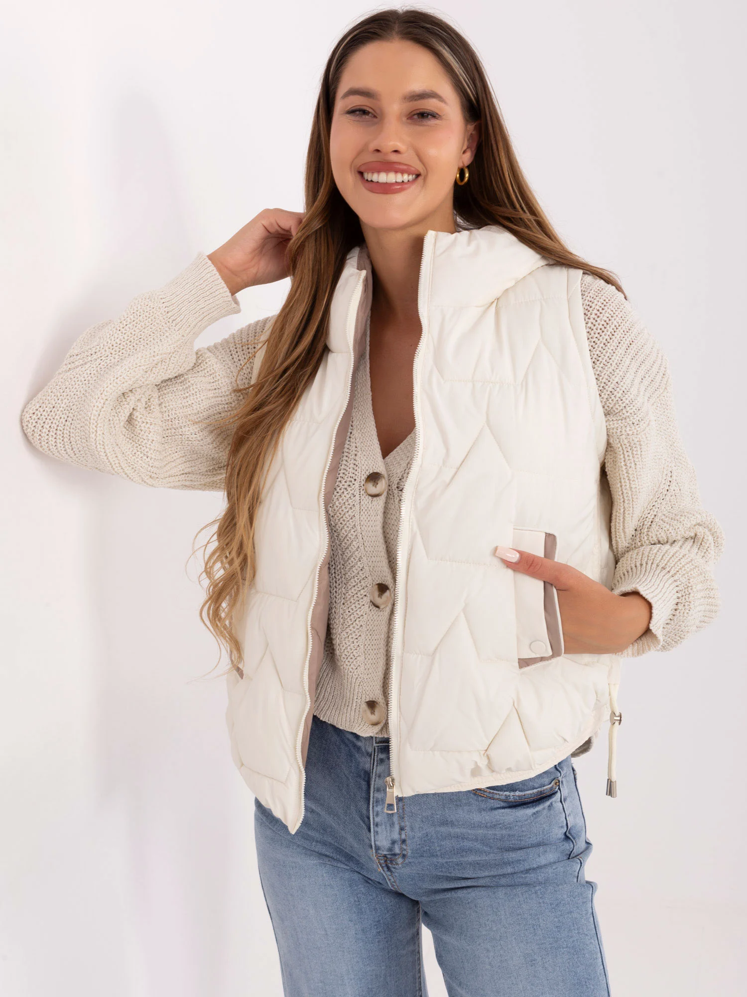 Vesta Dama Mini, Guler inalt, Snow Moda, Ecru de Vara Marimi Mari - imagine 5