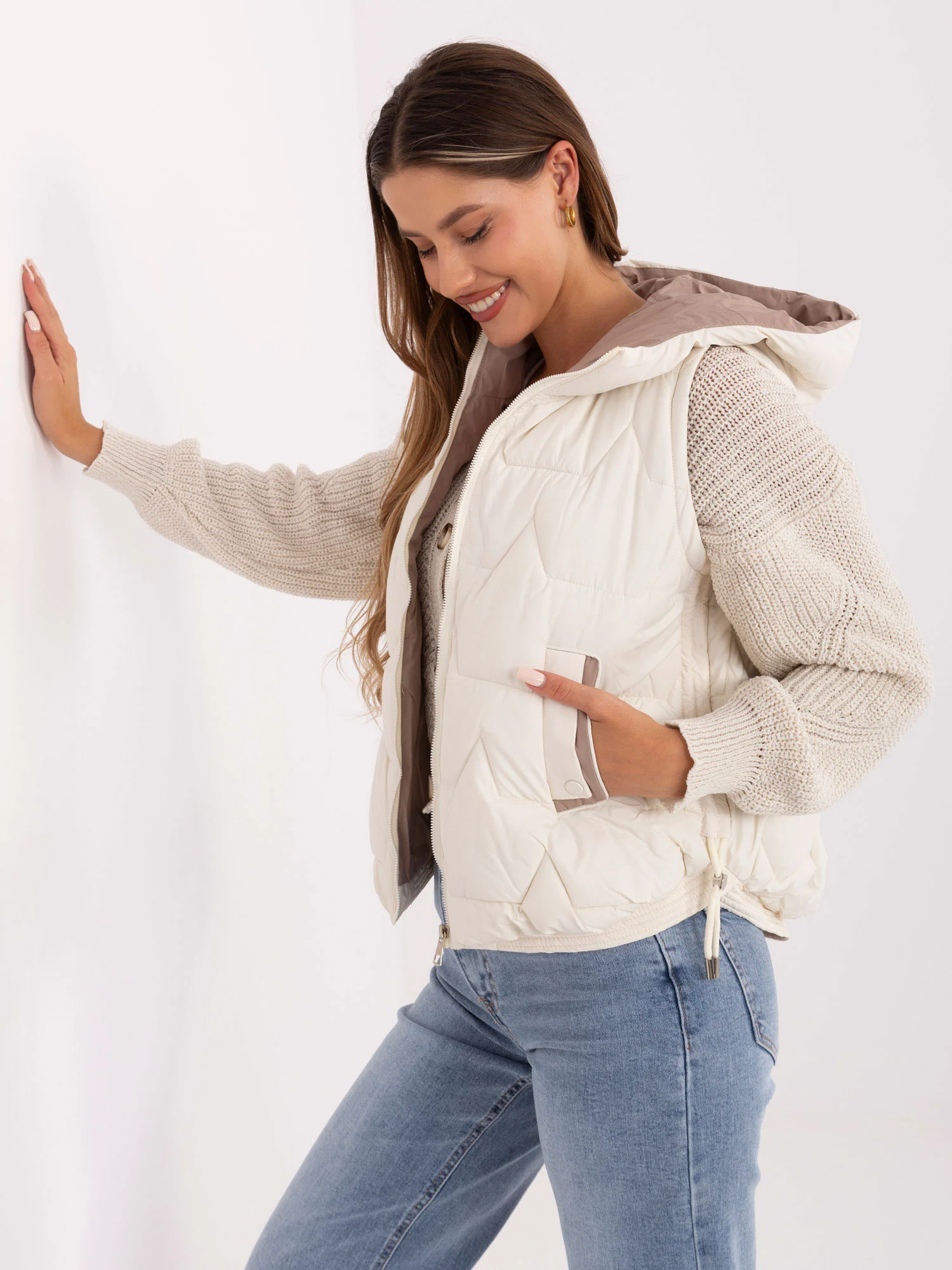 Vesta Dama Mini, Guler inalt, Snow Moda, Ecru de Vara Marimi Mari - imagine 4