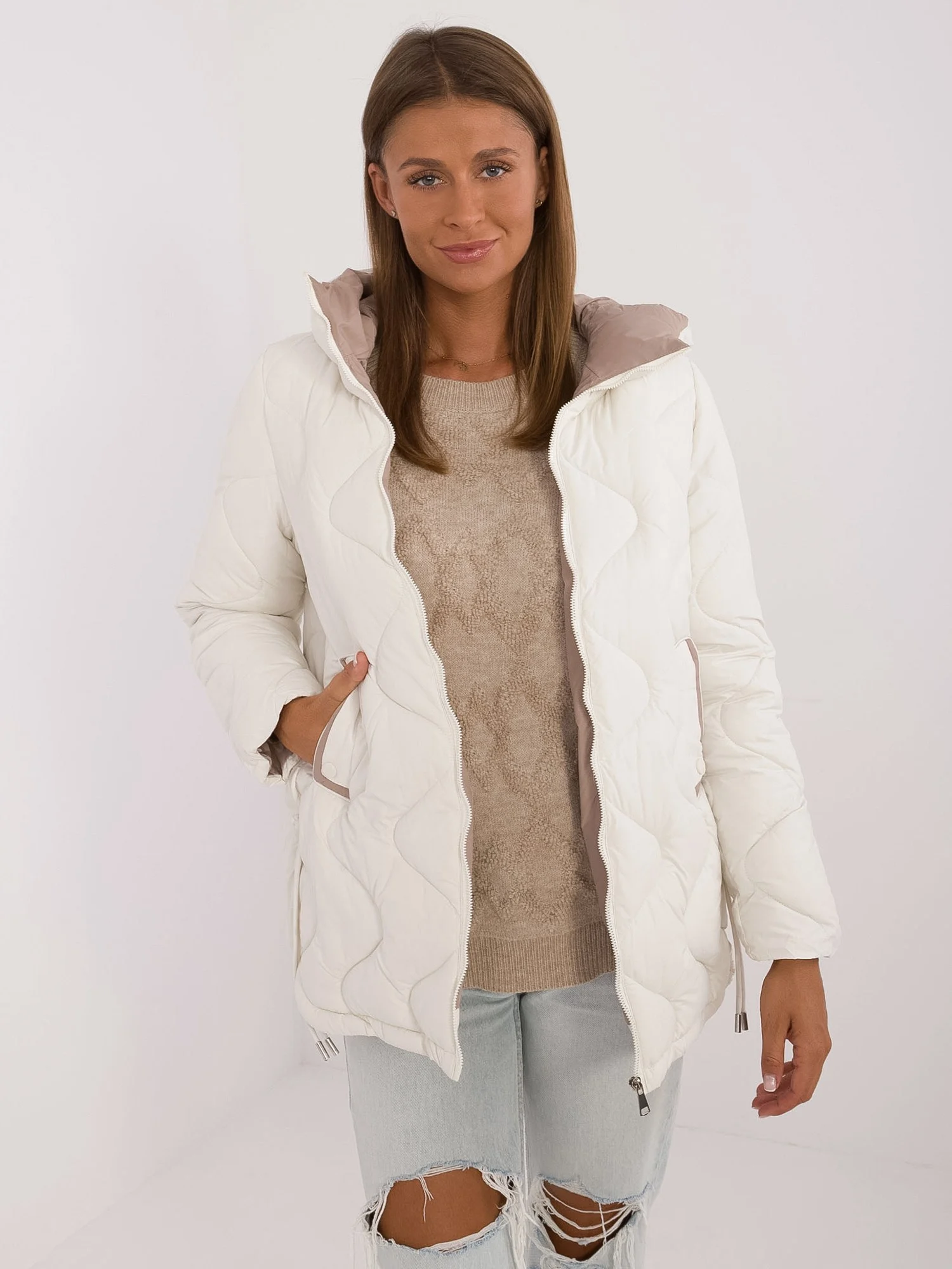Jacheta Dama Maneca lunga, Guler inalt, Snow Moda, Ecru de Vara Marimi Mari - imagine 4
