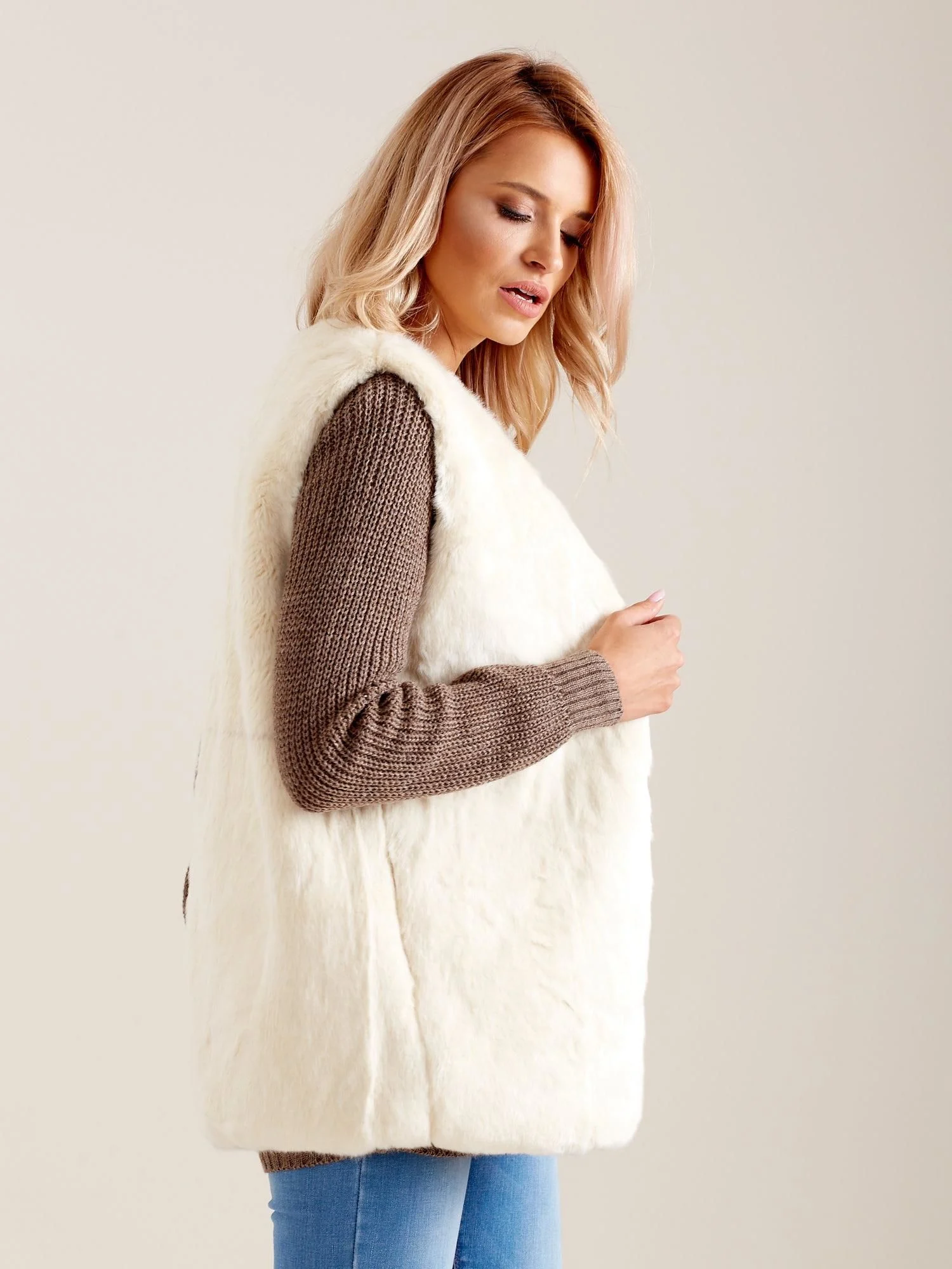 Vesta Dama Fara maneci, Fara maneci, Wool Fashion Italia, Ecru Eleganta Office - imagine 2