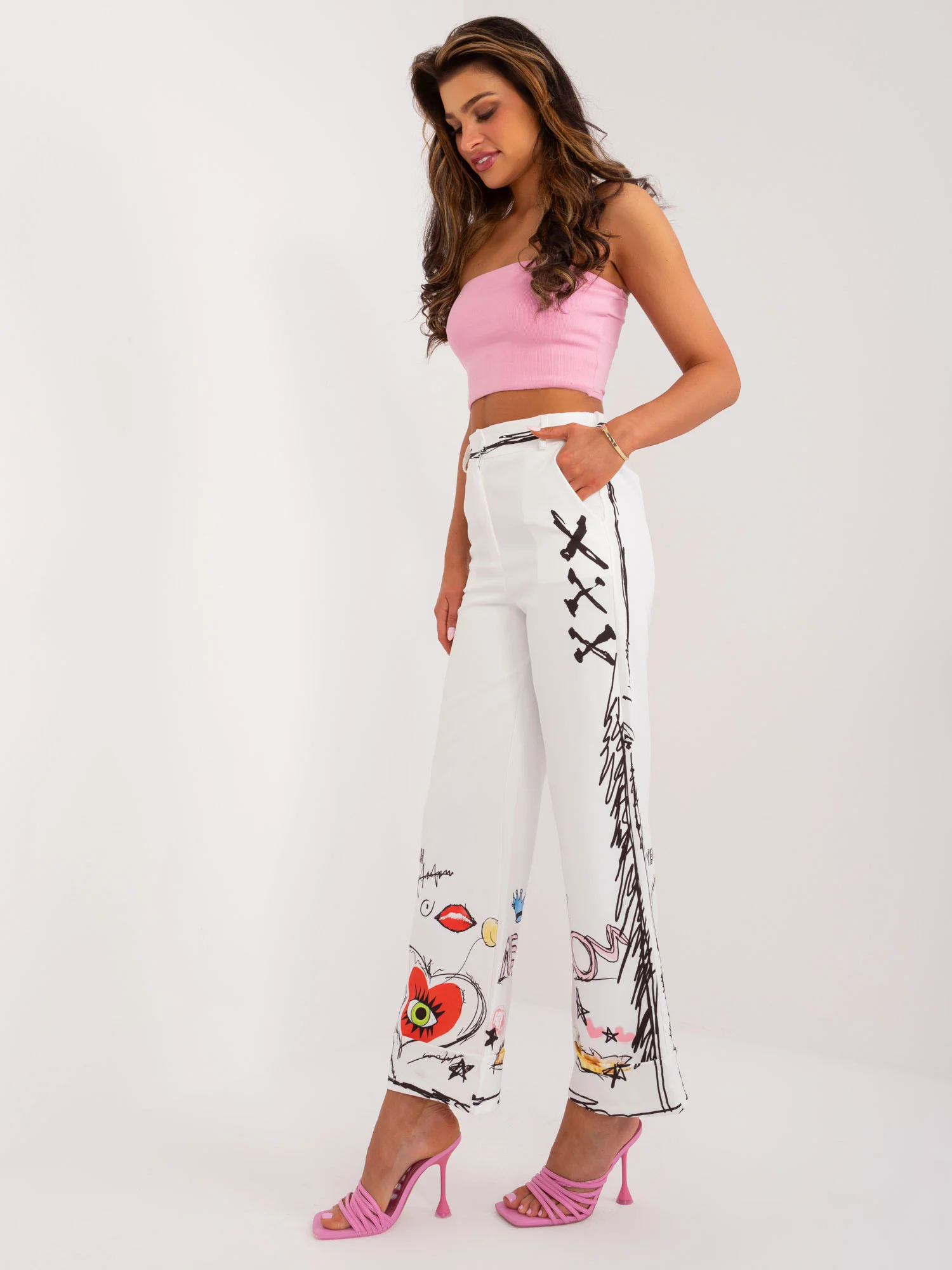 Pantaloni Dama Larga, Guler inalt, ITALY MODA, Ecru Casual - Image 3