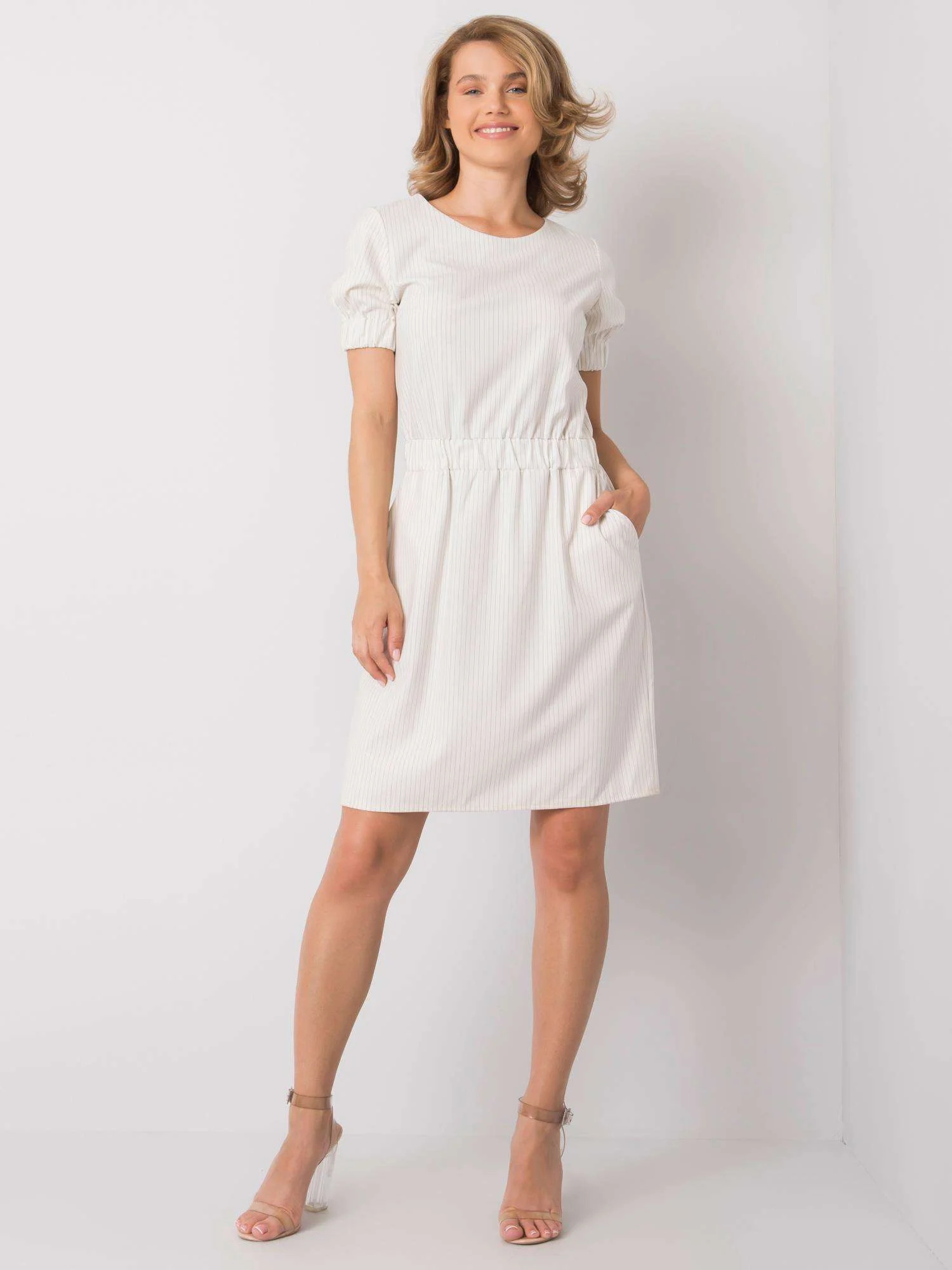Rochie Dama Mini, Dungi, LAKERTA, Ecru Eleganta Office - imagine 4
