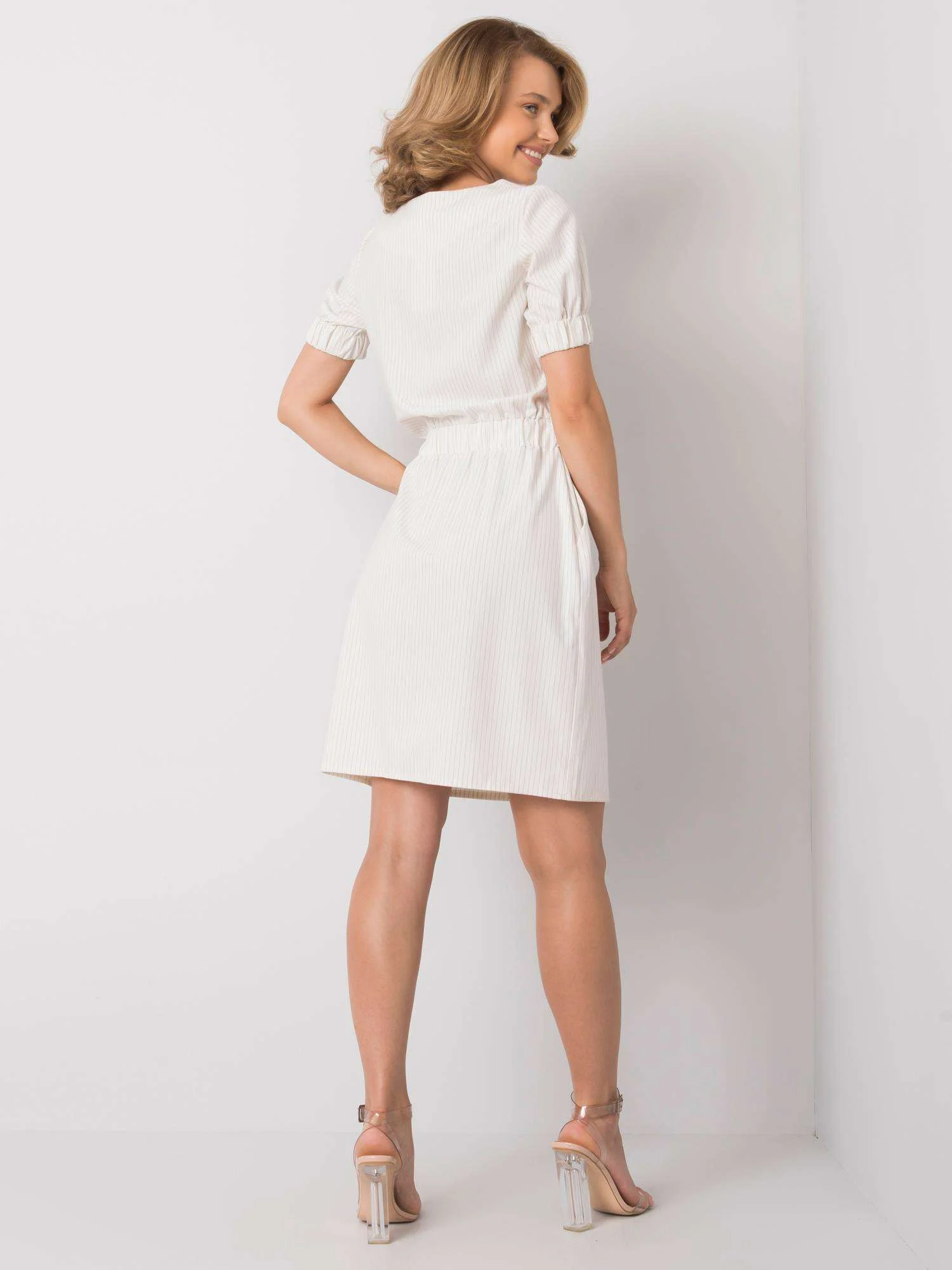 Rochie Dama Mini, Dungi, LAKERTA, Ecru Eleganta Office - imagine 3