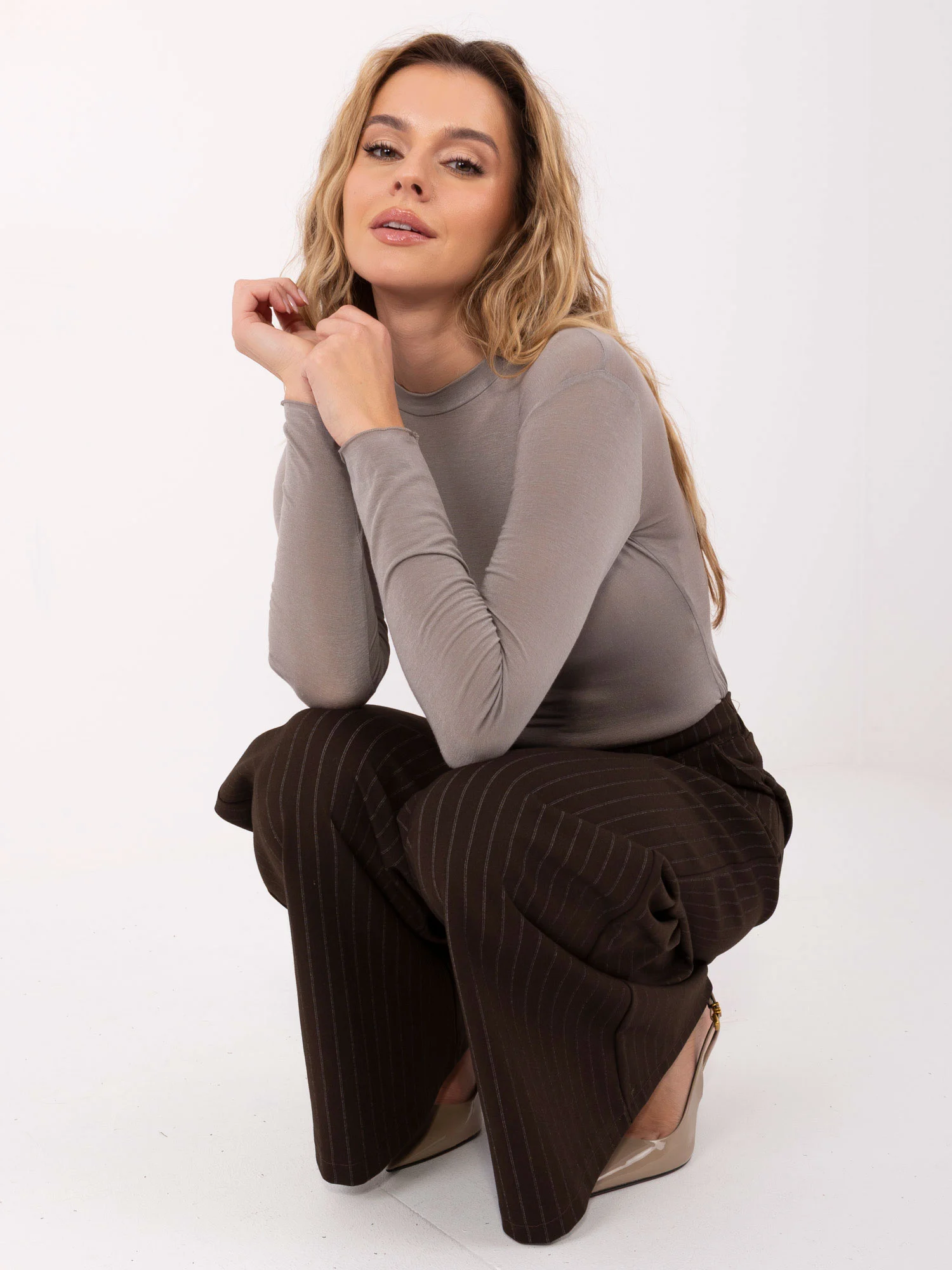 Bluza Dama Maneca lunga, Decolteu rotund, ITALY MODA, Bej Casual - imagine 3