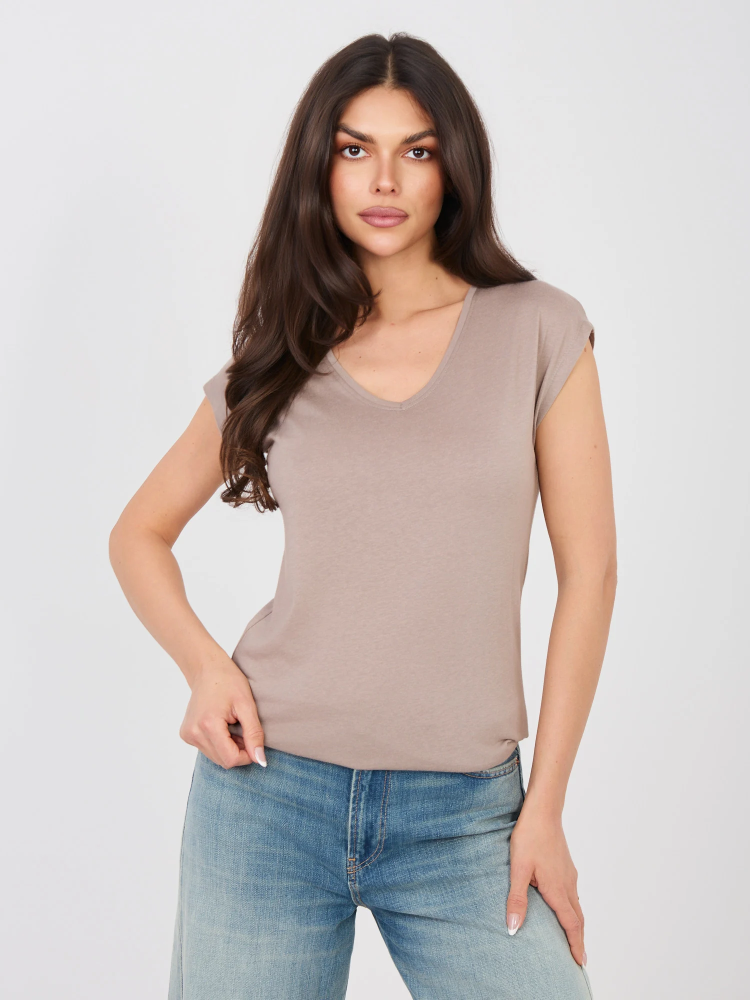 Tricou Dama Mini, Decolteu in V, Sublevel, Bej Casual Marimi Mari - imagine 4