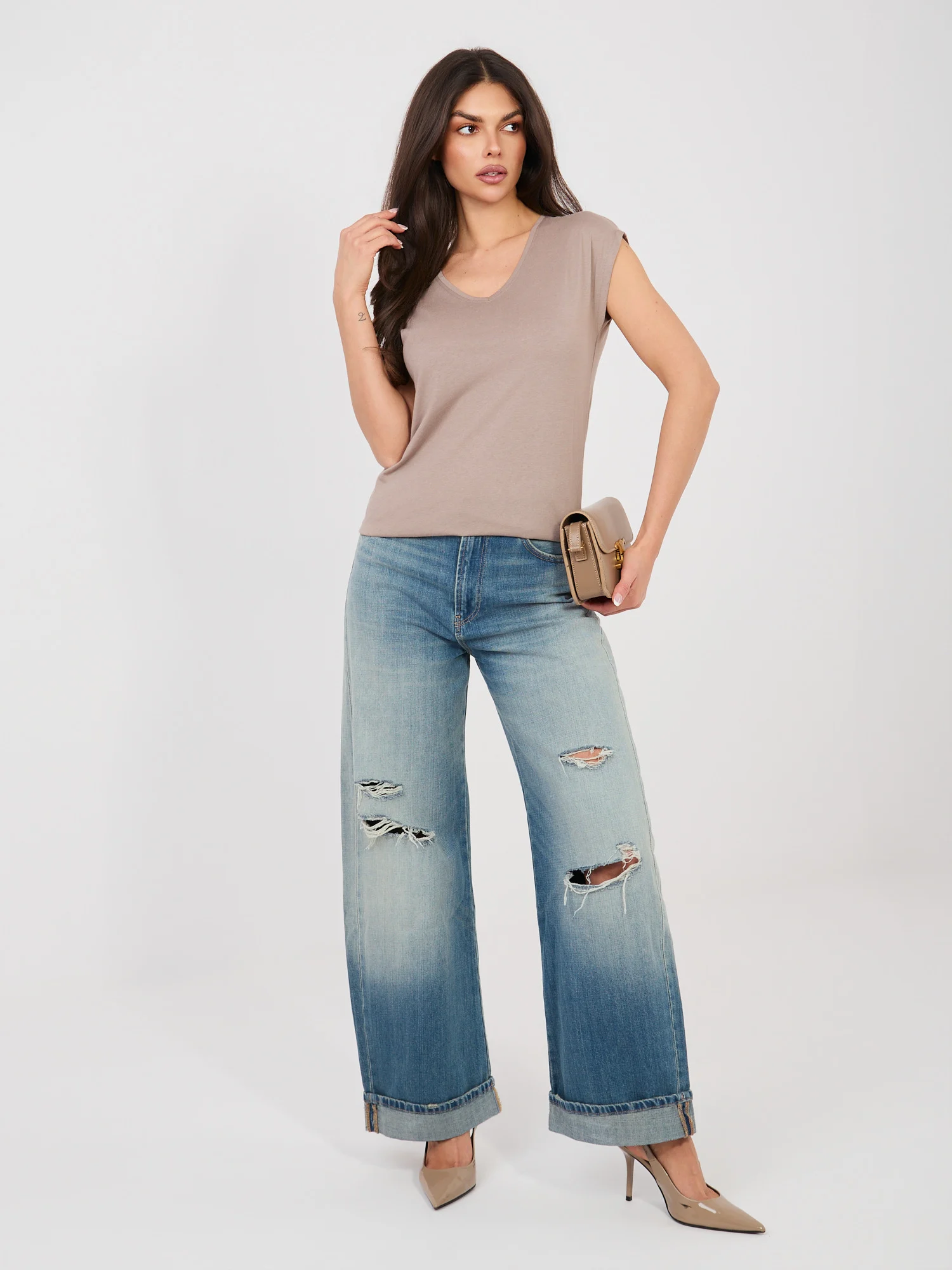 Tricou Dama Mini, Decolteu in V, Sublevel, Bej Casual Marimi Mari - imagine 3