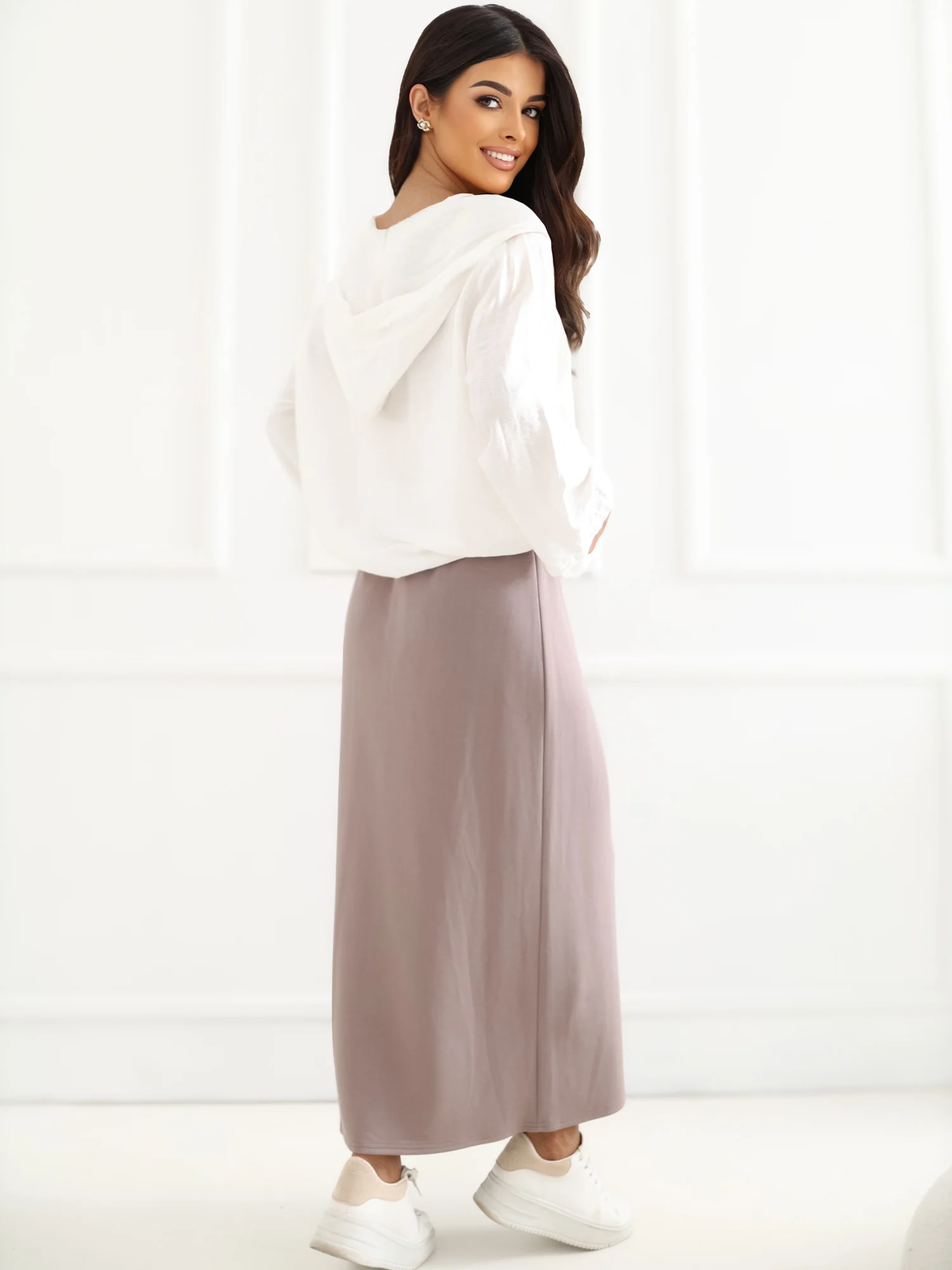 Fusta Dama Midi, Guler inalt, LAKERTA, Bej Casual - imagine 7