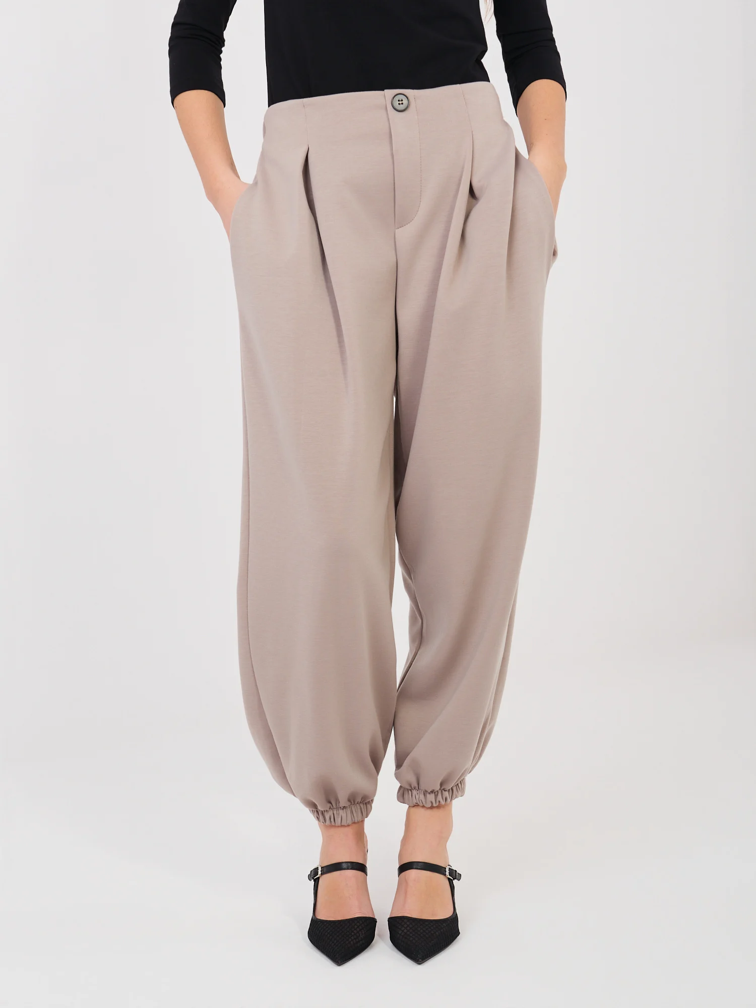 Pantaloni Dama Mansete elastice, Guler inalt, ITALY MODA, Bej Eleganta Office - imagine 2
