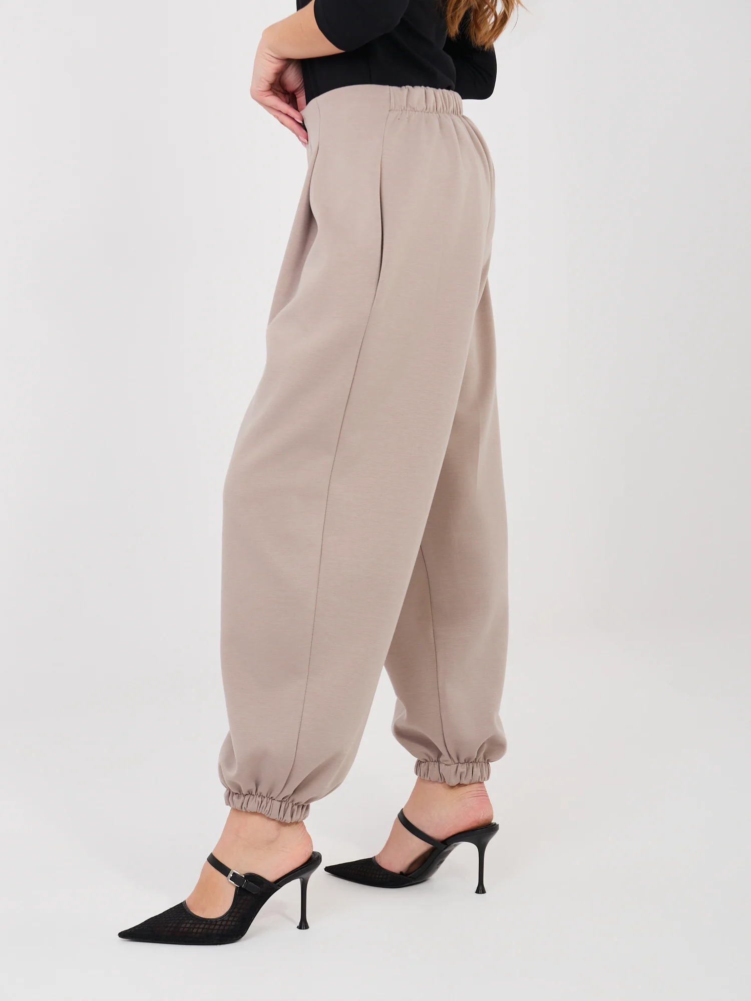 Pantaloni Dama Mansete elastice, Guler inalt, ITALY MODA, Bej Eleganta Office - imagine 6