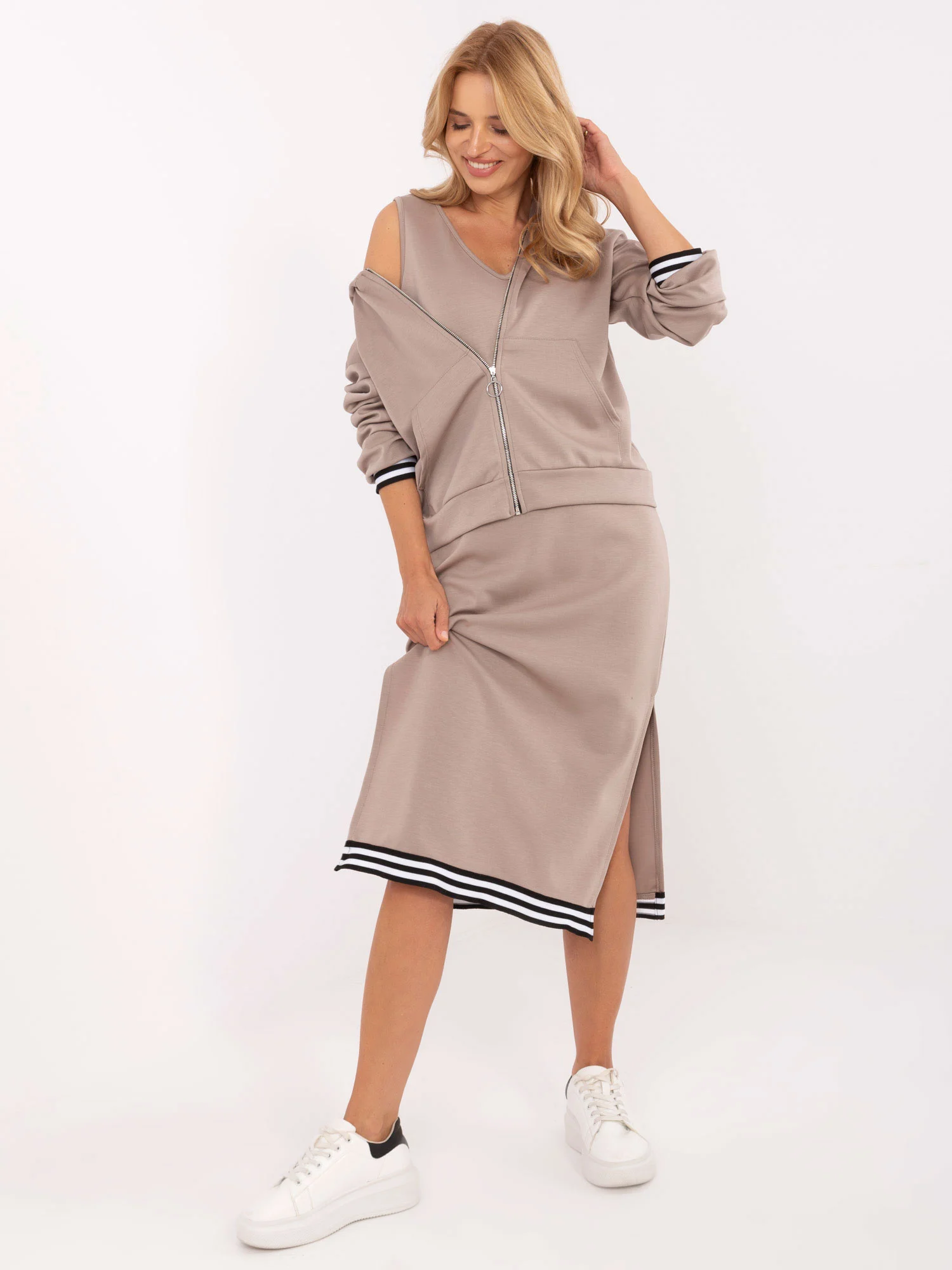 Compleu Dama Midi, Decolteu in V, RUE PARIS, Bej Casual - imagine 3