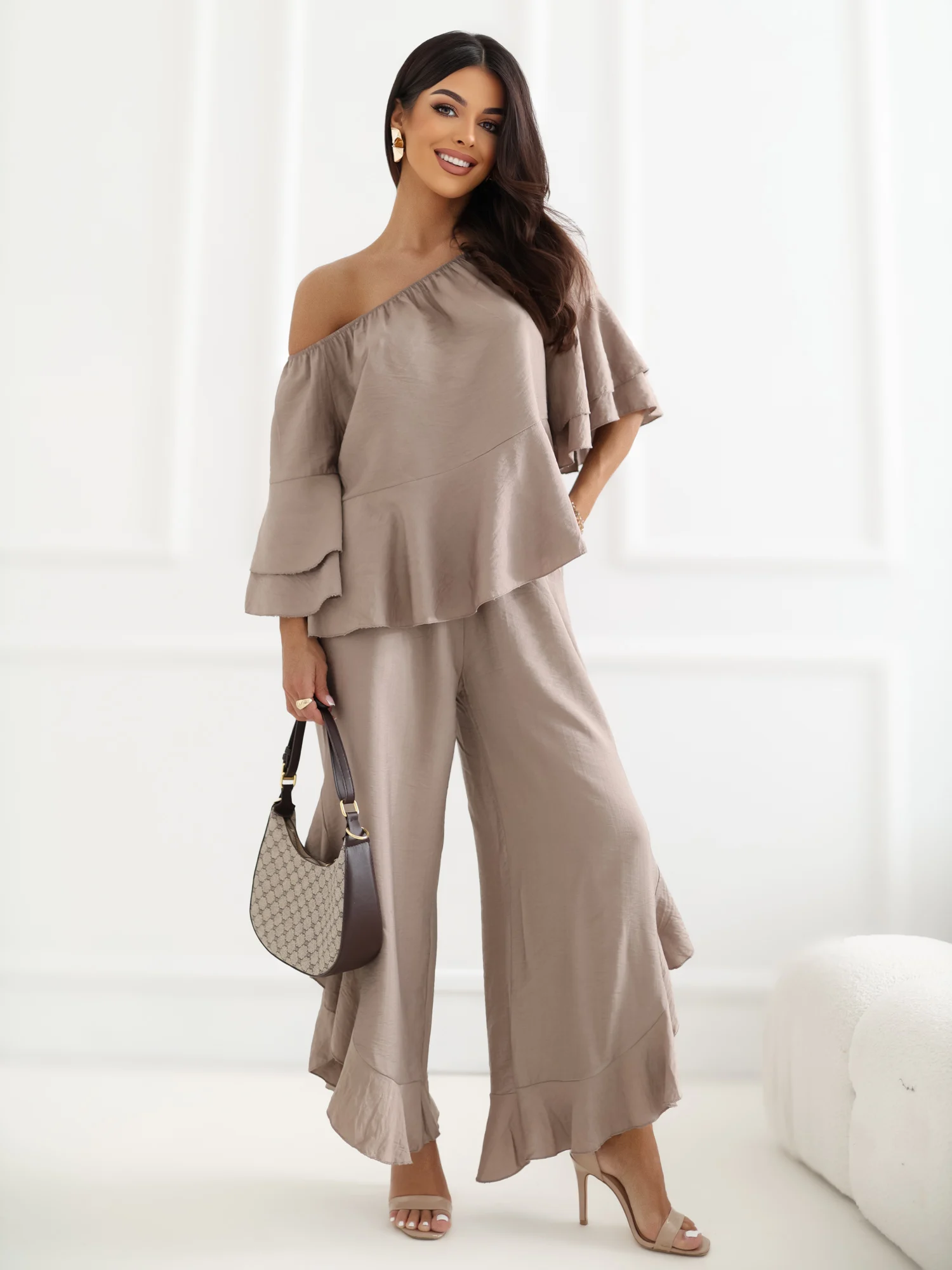 Compleu Dama Maneca 3/4, Guler inalt, RUE PARIS, Bej Eleganta Office - imagine 5