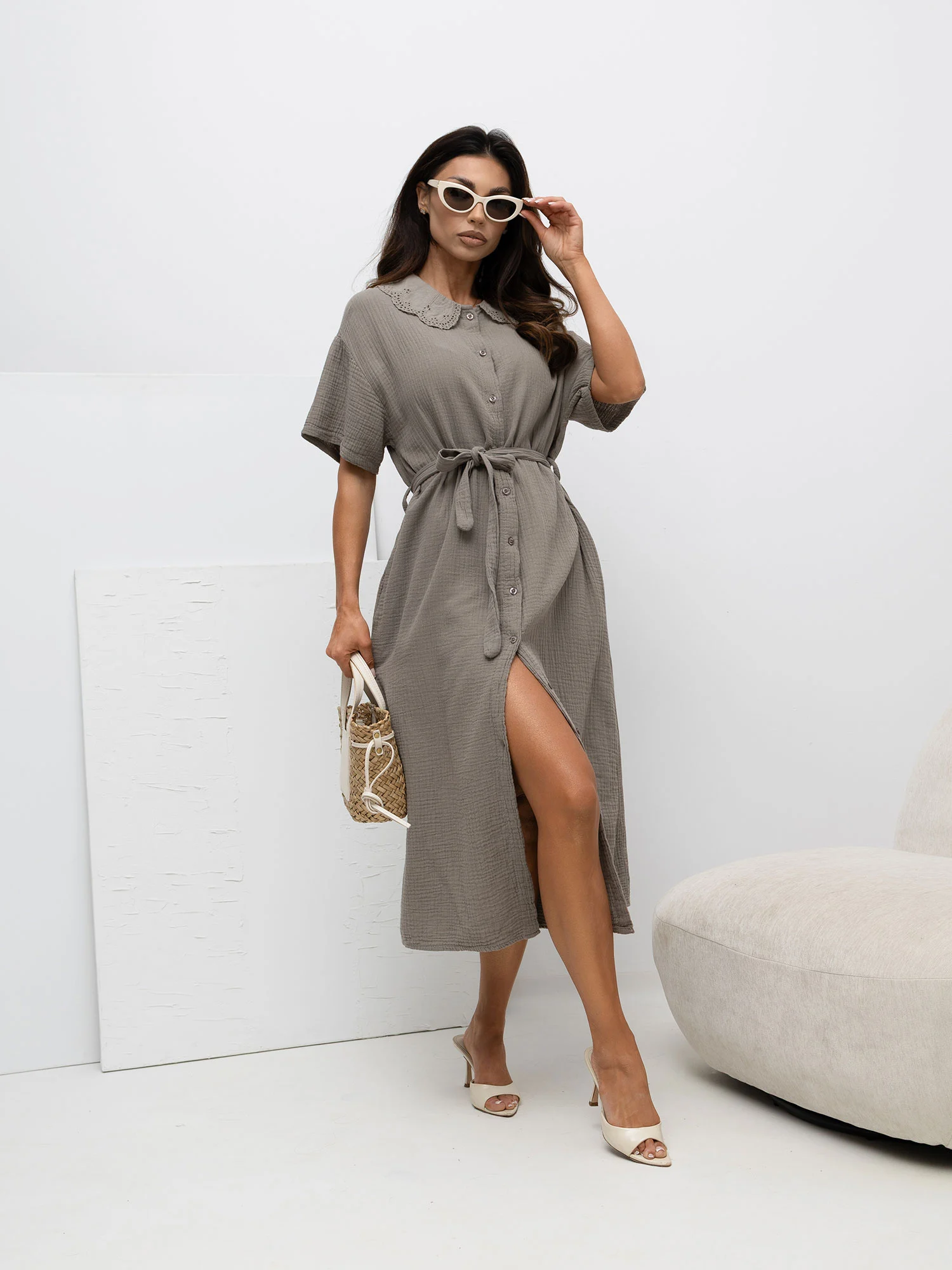Rochie Dama Midi, Lejera, ITALY MODA, Bej de Vara - imagine 5