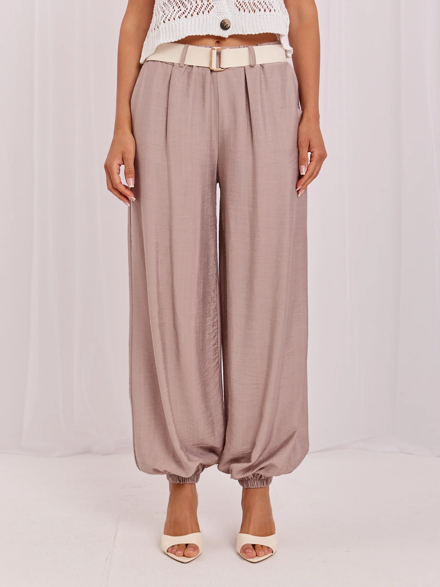 Pantaloni Dama Lunga, Mansete elastice, RUE PARIS, Bej Eleganta Office - imagine 5