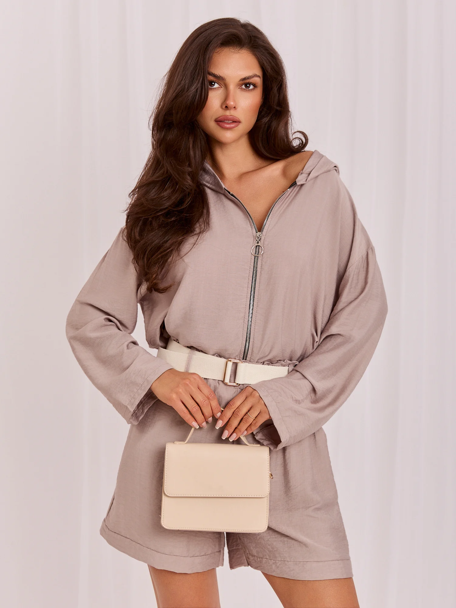 Hanorac Dama Maneca lunga, Guler inalt, RUE PARIS, Bej Casual - imagine 4