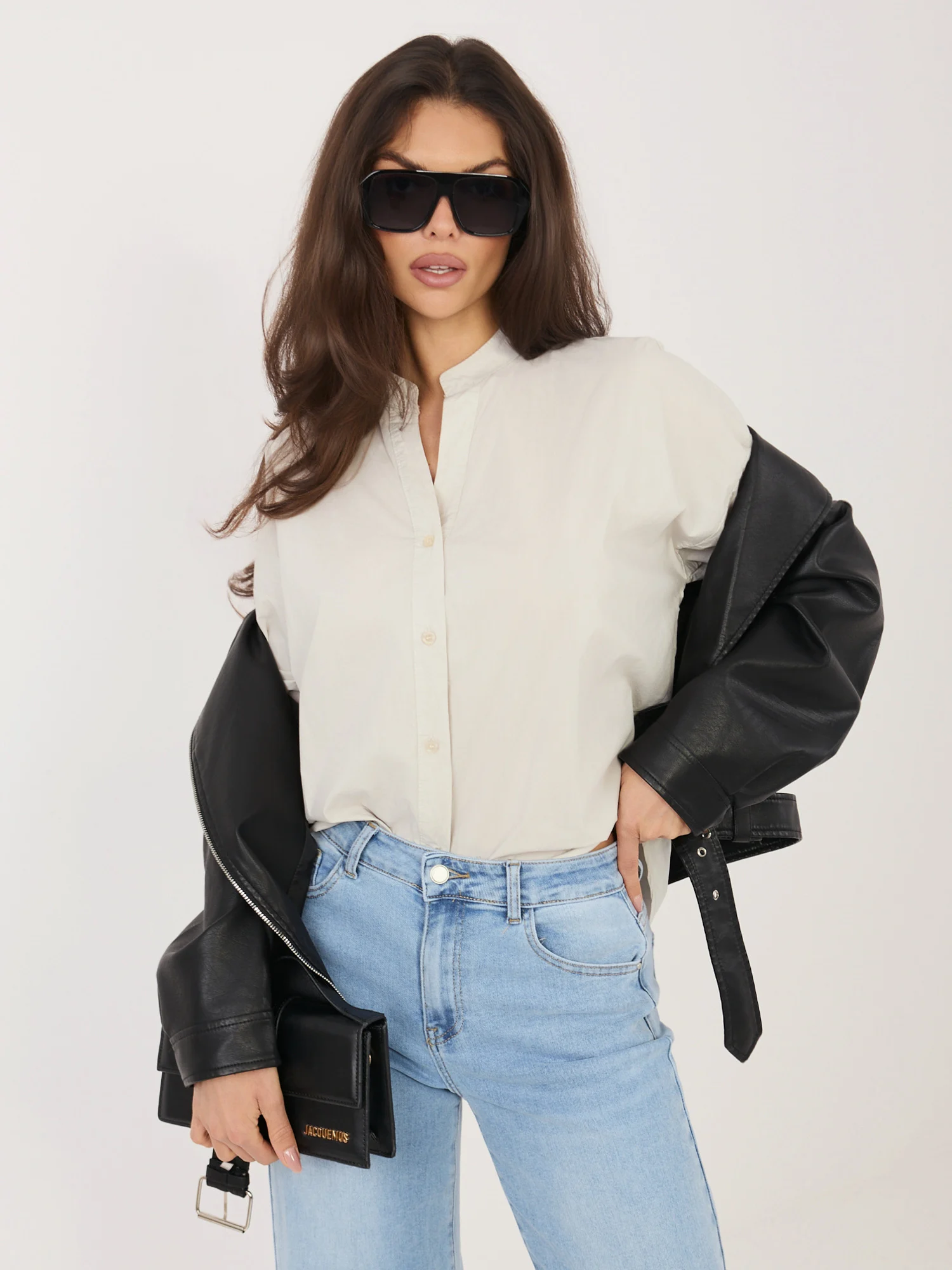 Camasa Dama Mini, Decolteu in V, Maya, Bej Eleganta Office - imagine 6