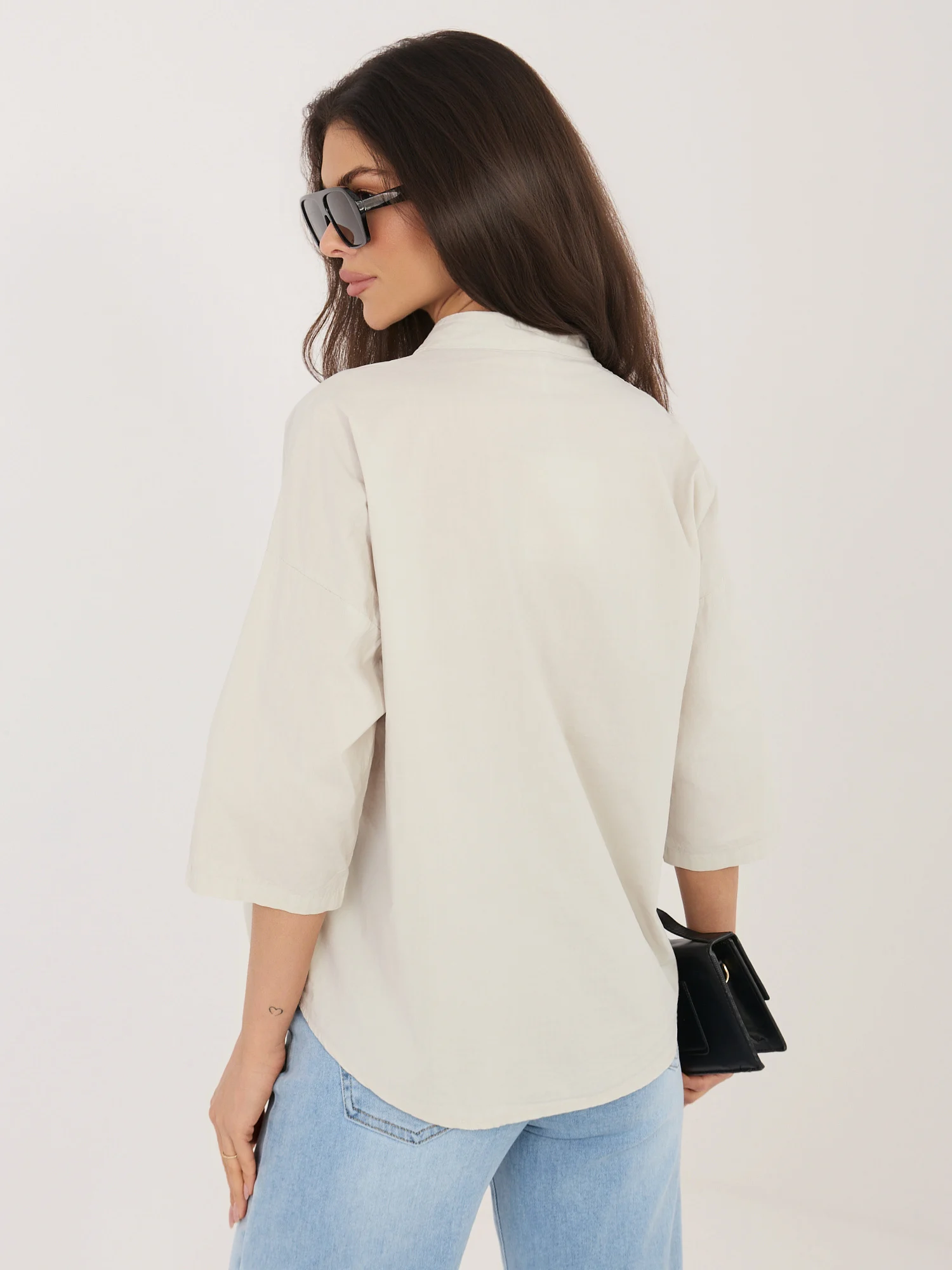 Camasa Dama Mini, Decolteu in V, Maya, Bej Eleganta Office - imagine 3