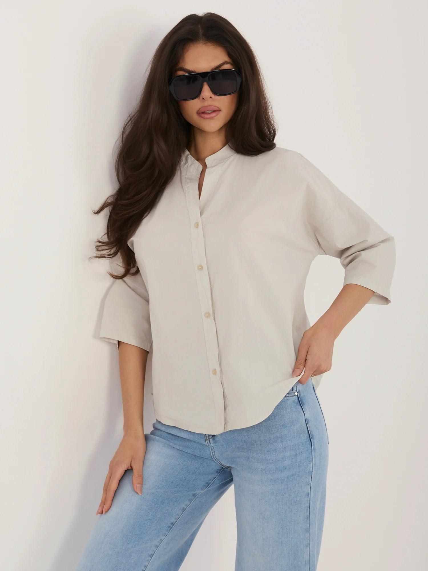 Camasa Dama Mini, Decolteu in V, Maya, Bej Eleganta Office - imagine 7
