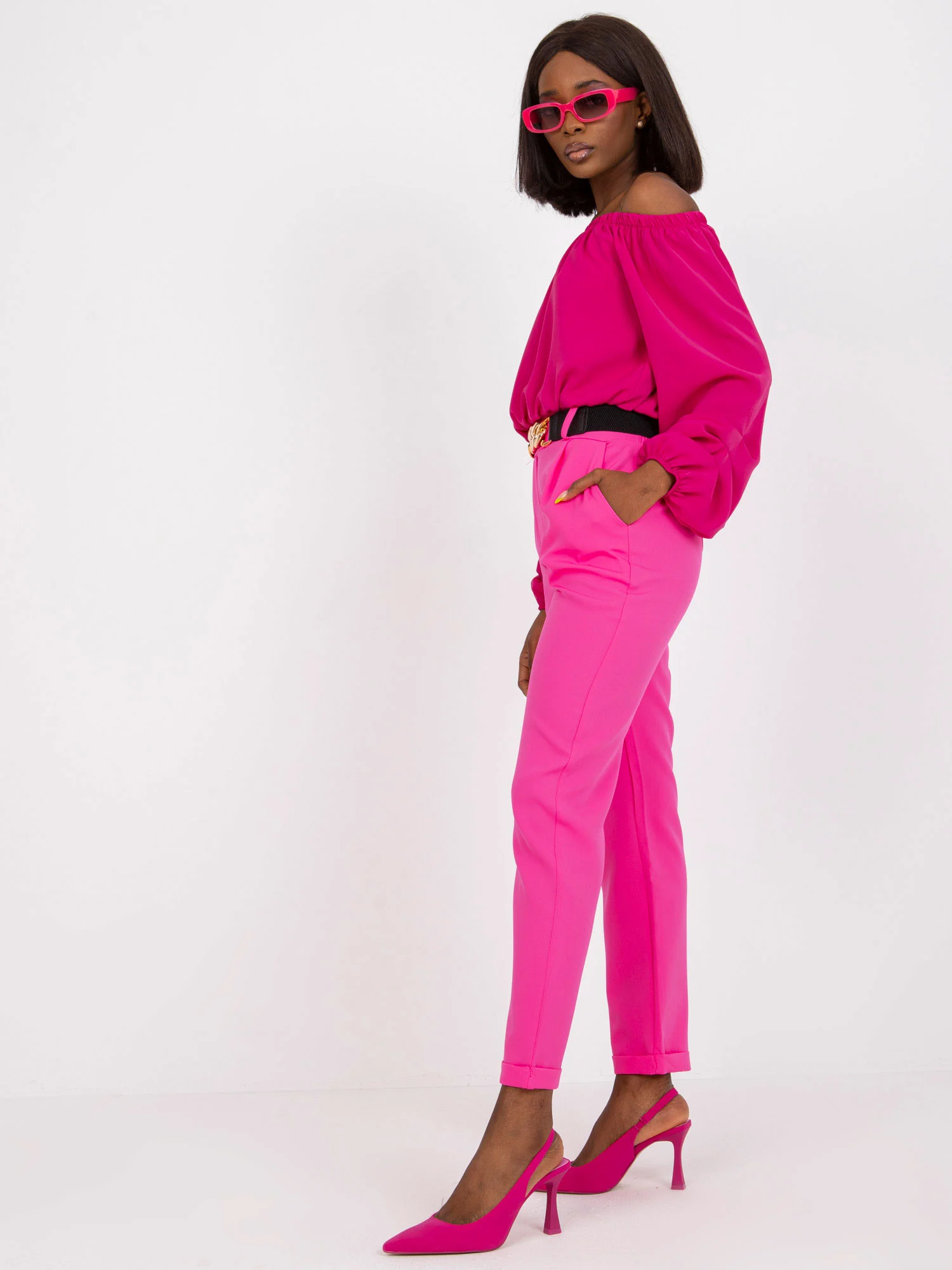 Pantaloni Dama Clasic, Guler inalt, ITALY MODA, Roz de Petrecere Marimi Mari - imagine 4