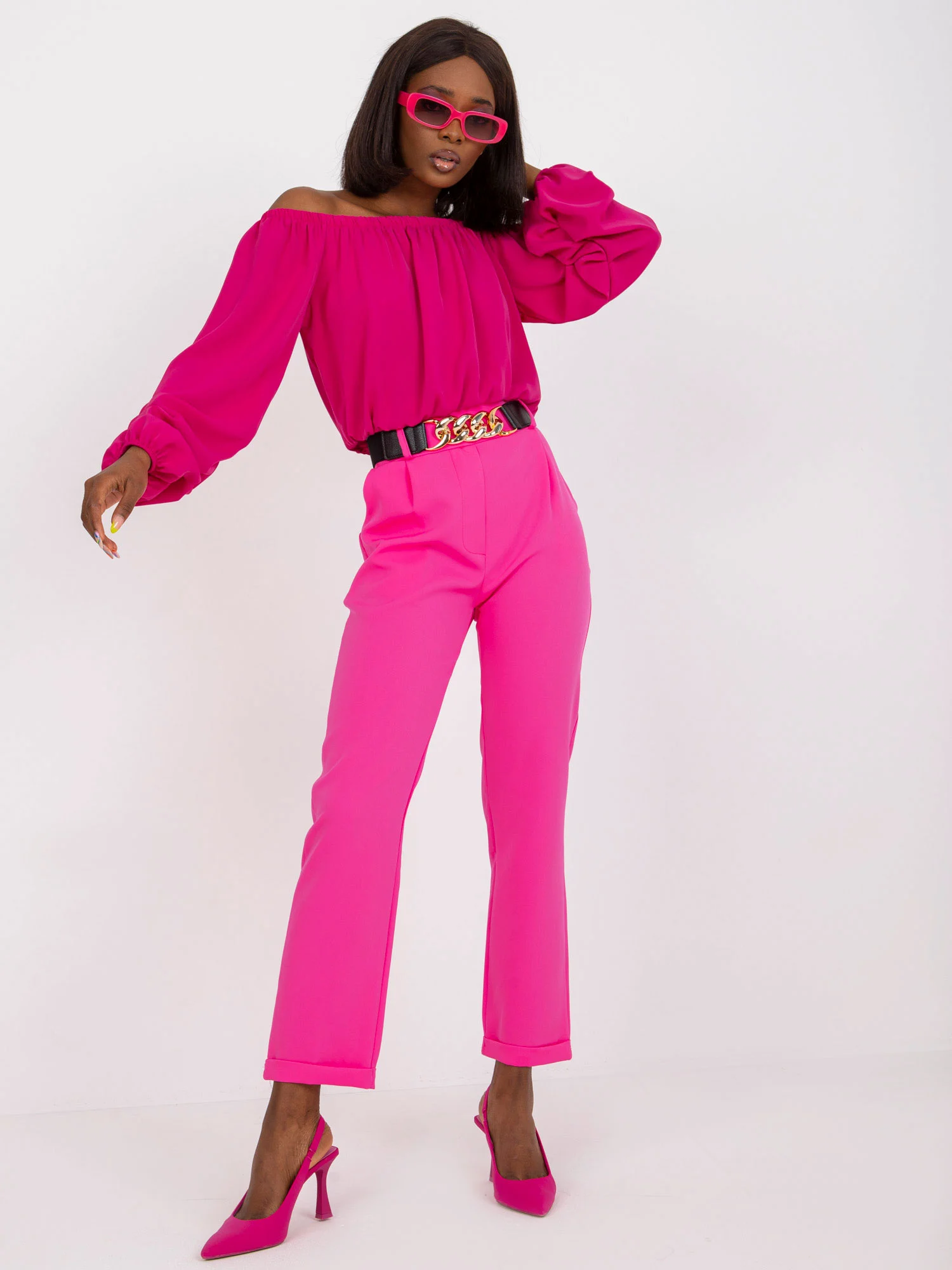 Pantaloni Dama Clasic, Guler inalt, ITALY MODA, Roz de Petrecere Marimi Mari - imagine 5