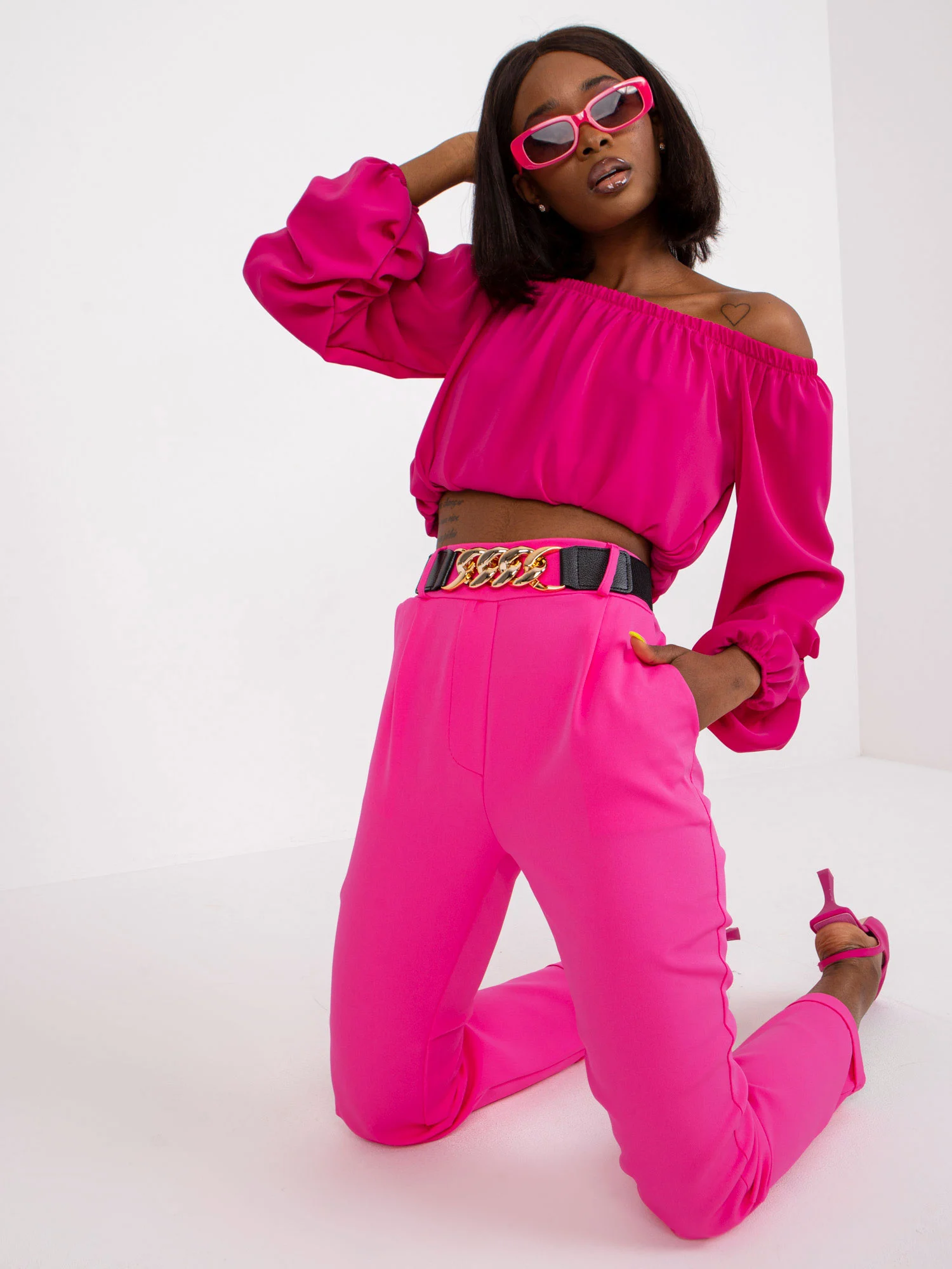 Pantaloni Dama Clasic, Guler inalt, ITALY MODA, Roz de Petrecere Marimi Mari - imagine 3