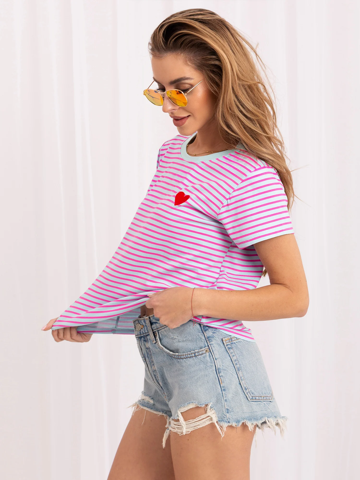 Tricou Dama Mini, Dungi, ITALY MODA, Albastru Casual - imagine 6