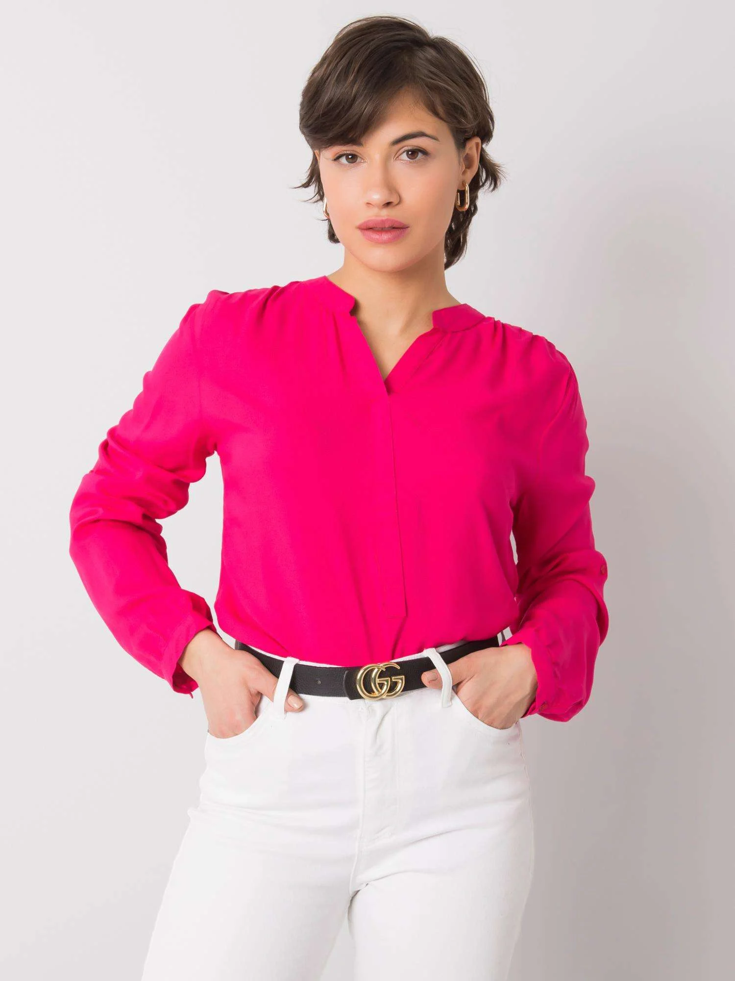 Camasa Dama Maneca lunga, Decolteu in V, RUE PARIS, Fucsia Eleganta Office - imagine 5