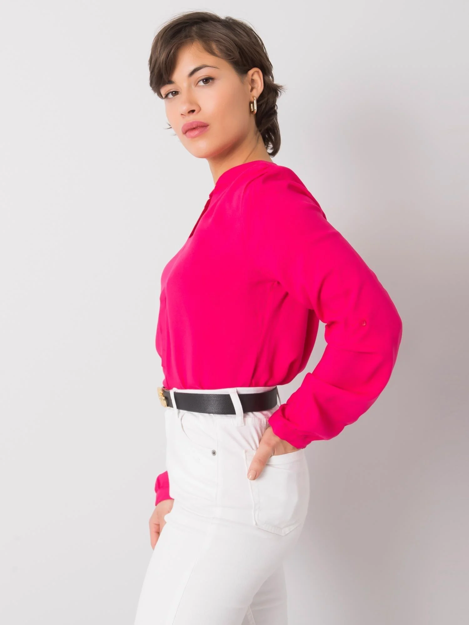 Camasa Dama Maneca lunga, Decolteu in V, RUE PARIS, Fucsia Eleganta Office - imagine 4
