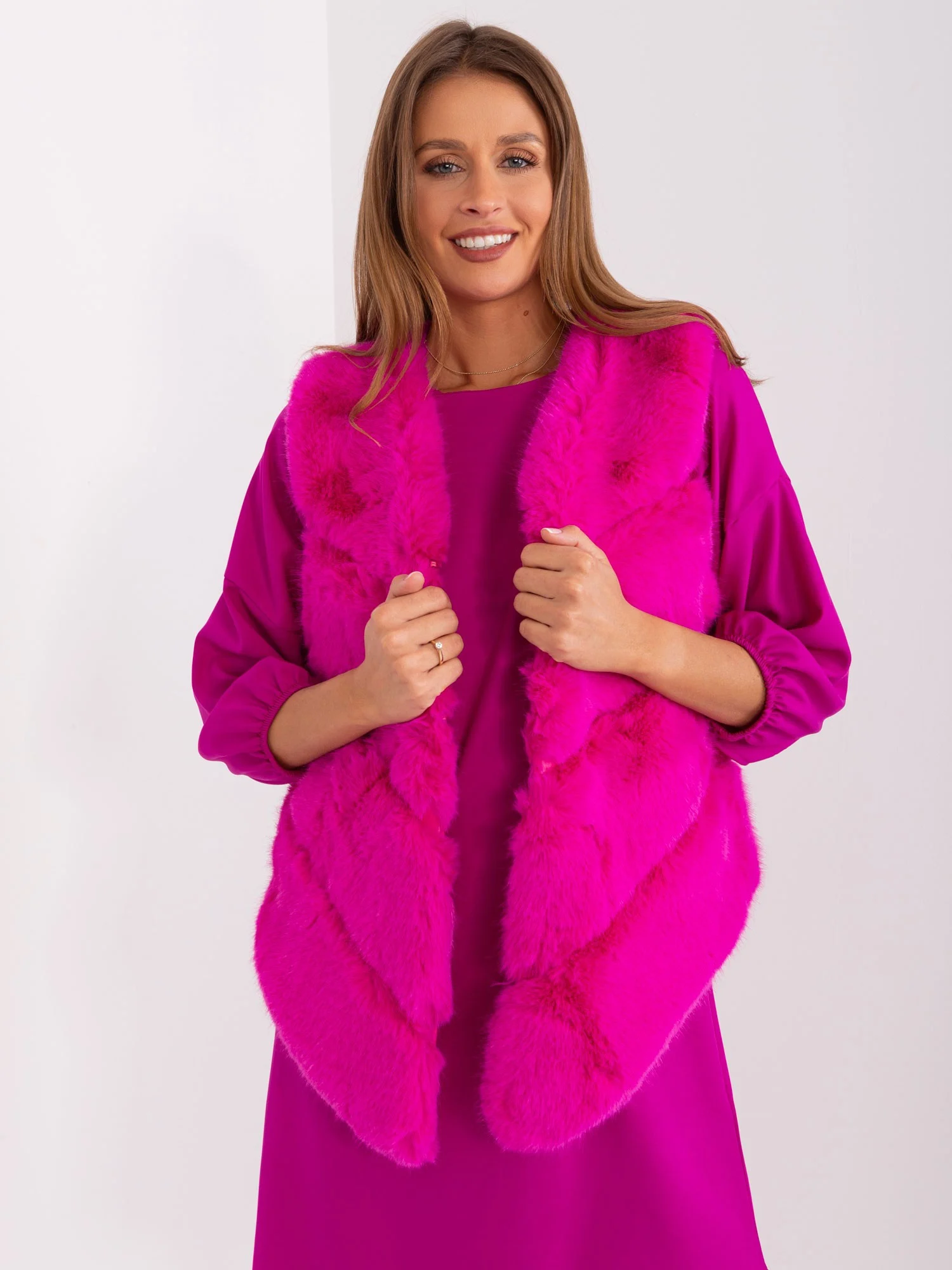 Vesta Dama Fara maneci, Guler inalt, Wool Fashion Italia, Fucsia de Vara - imagine 5
