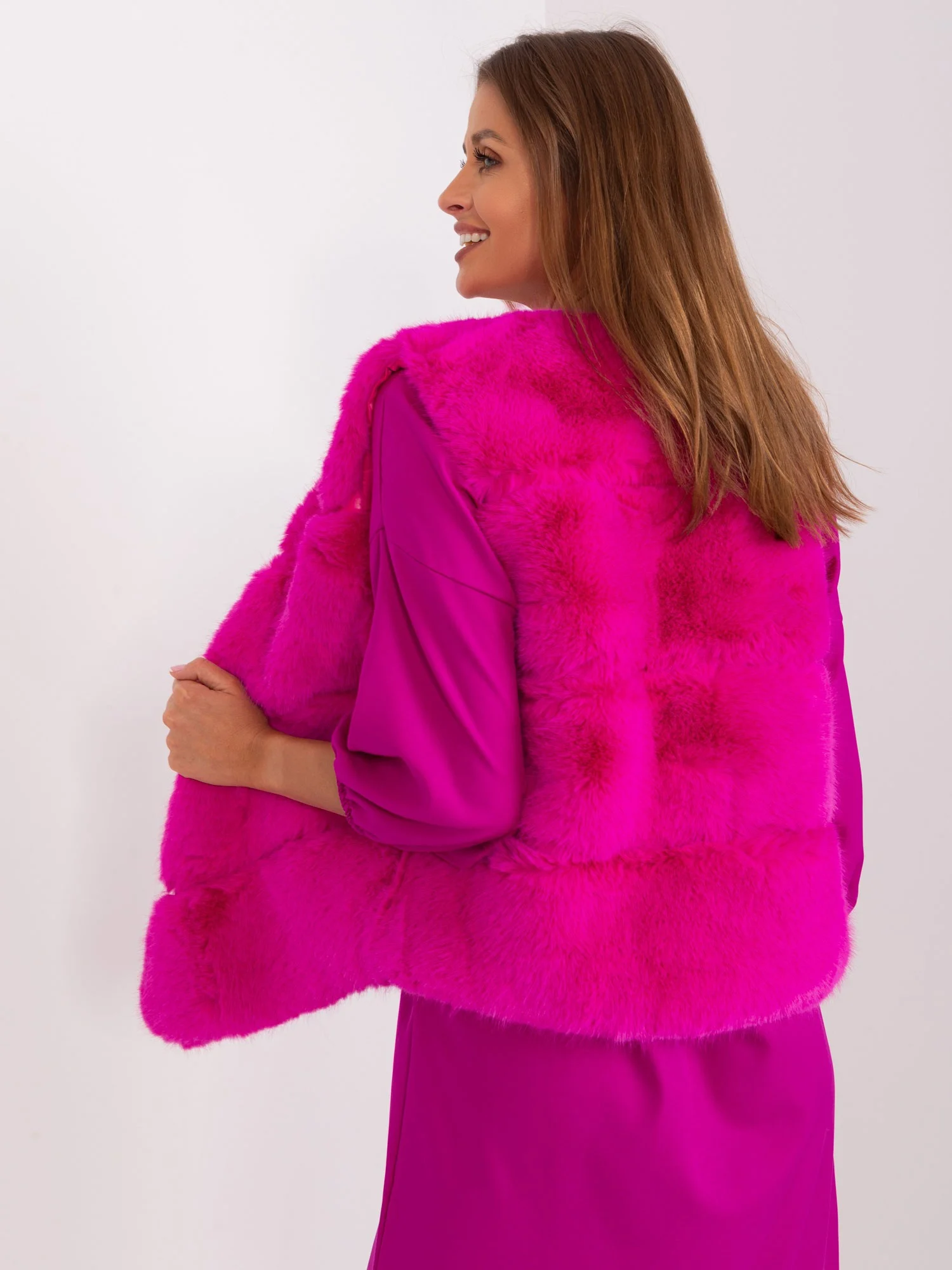 Vesta Dama Fara maneci, Guler inalt, Wool Fashion Italia, Fucsia de Vara - imagine 4
