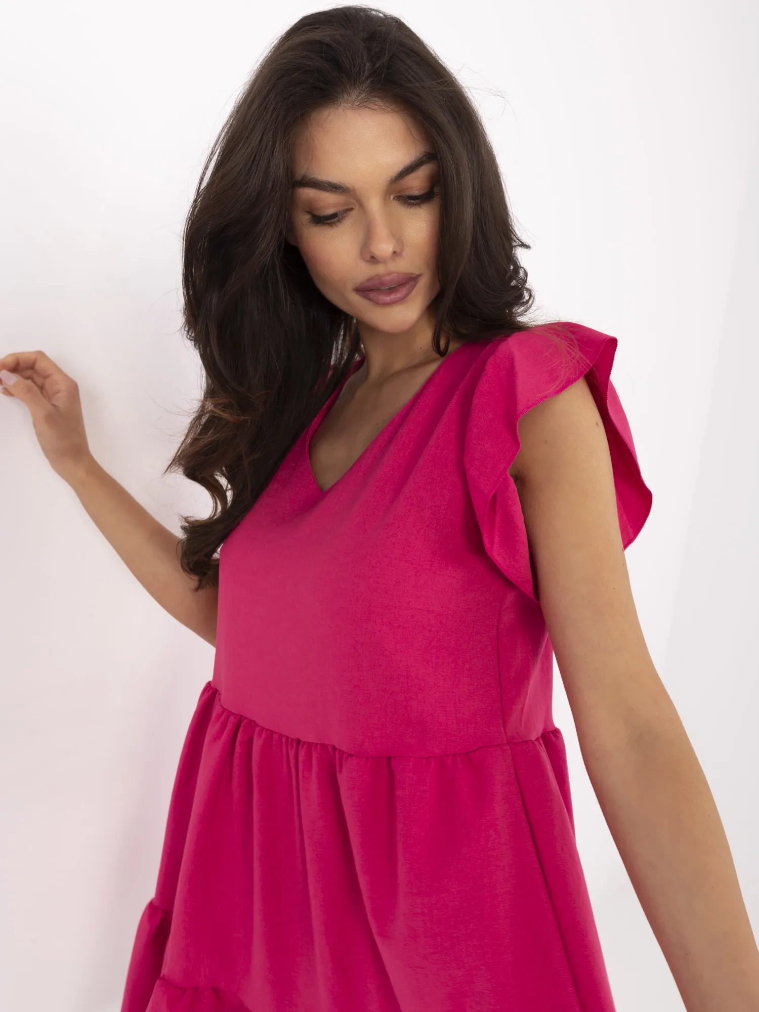 Rochie Dama Mini, Decolteu in V, RUE PARIS, Fucsia Eleganta Office - Image 3
