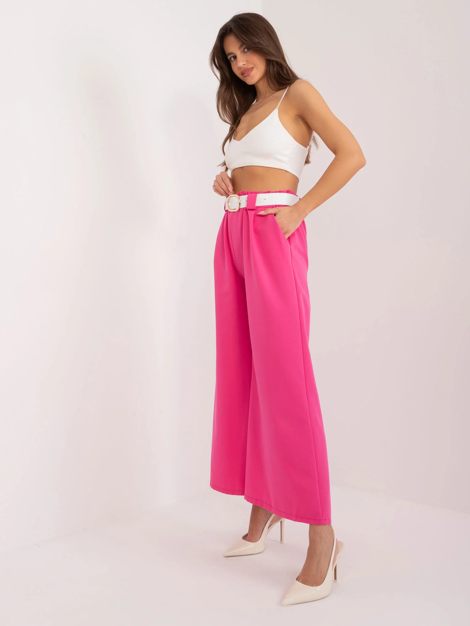 Pantaloni Dama Elegant, Guler inalt, ITALY MODA, Fucsia de Petrecere - imagine 2