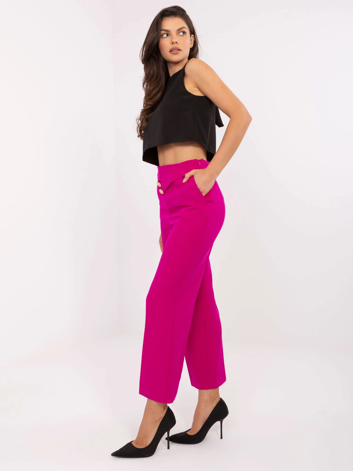 Pantaloni Dama Elegant, Guler inalt, RUE PARIS, Fucsia de Petrecere - imagine 6
