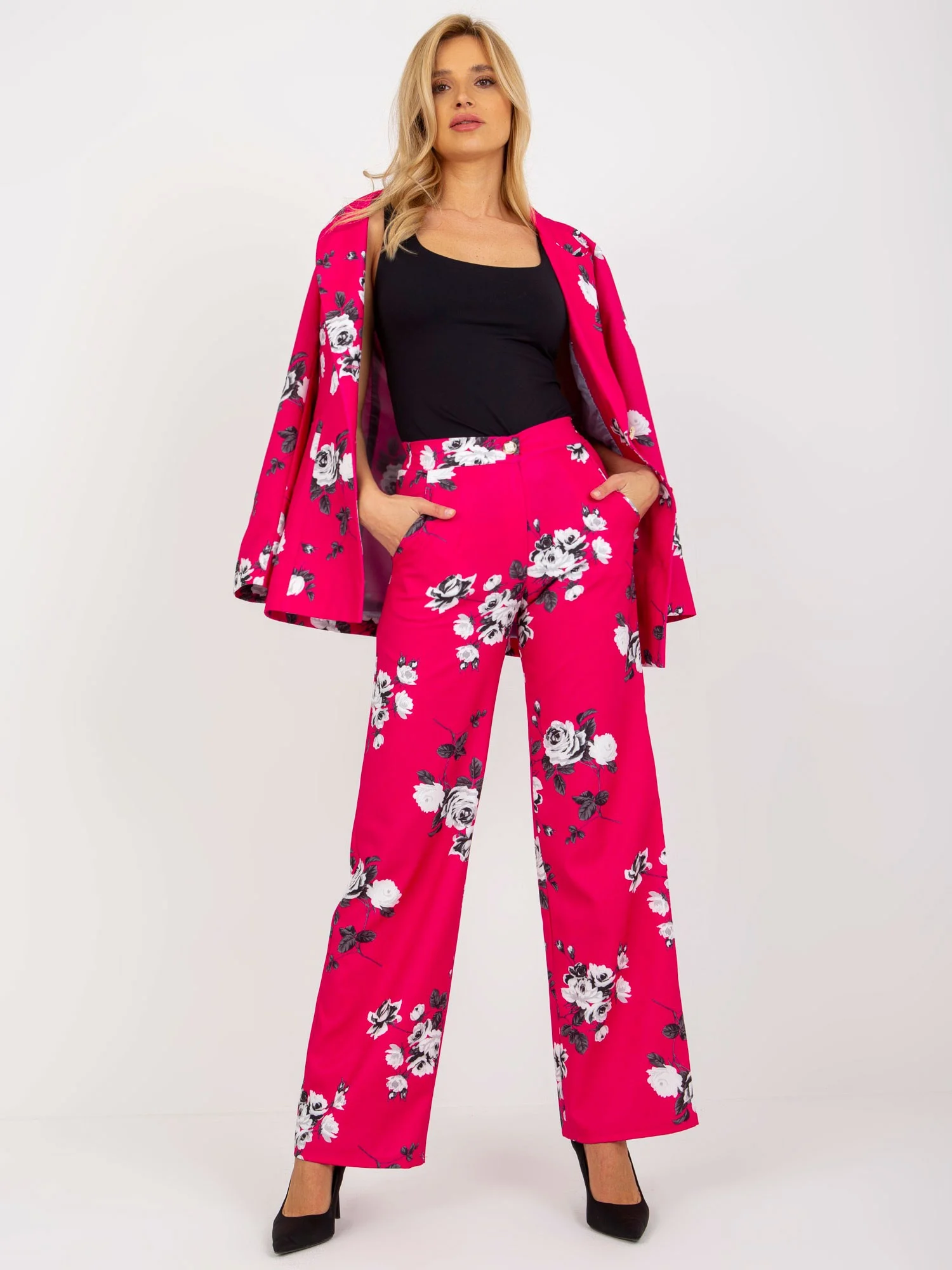 Pantaloni Dama Floral, Elegant, LAKERTA, Fucsia de Petrecere - imagine 4