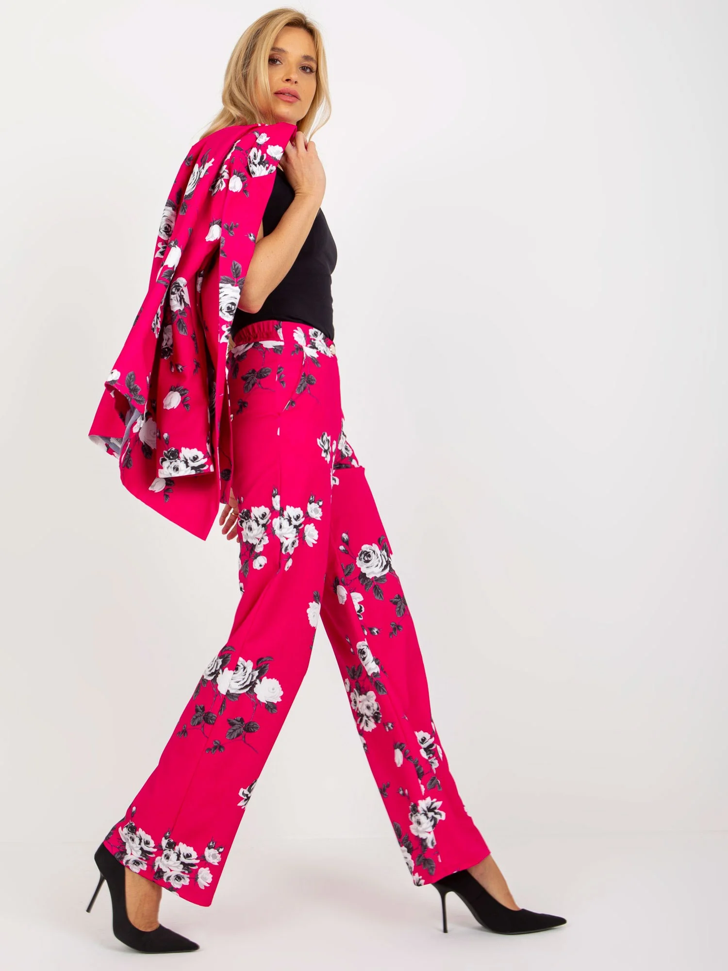 Pantaloni Dama Floral, Elegant, LAKERTA, Fucsia de Petrecere - imagine 5