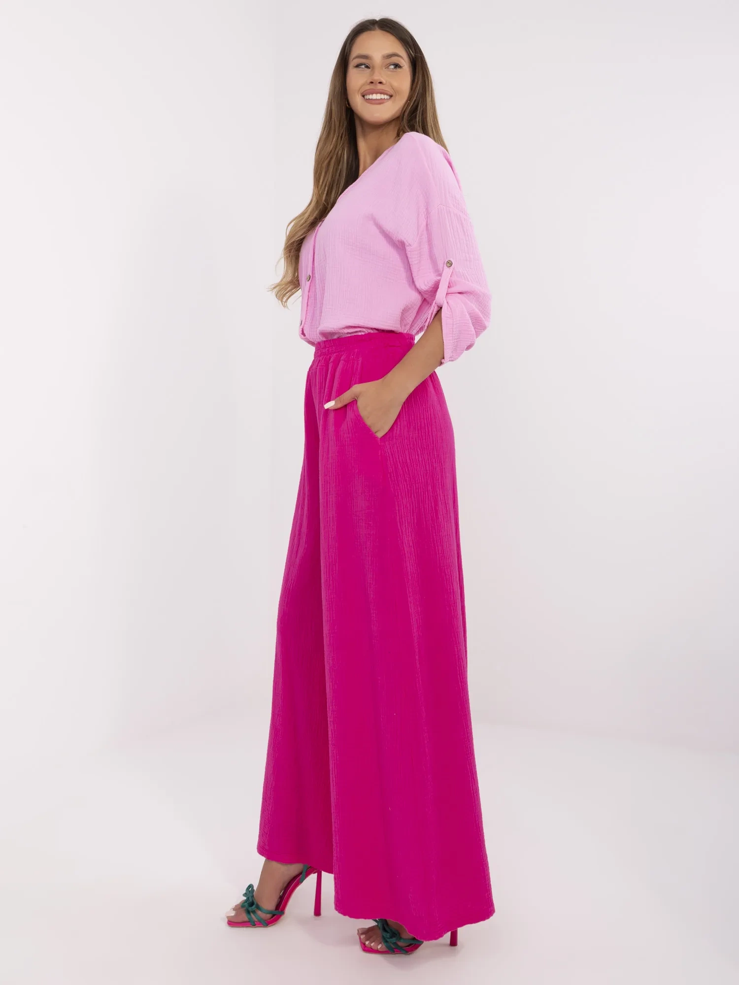 Pantaloni Dama Larga, Guler inalt, ITALY MODA, Fucsia Casual - imagine 5